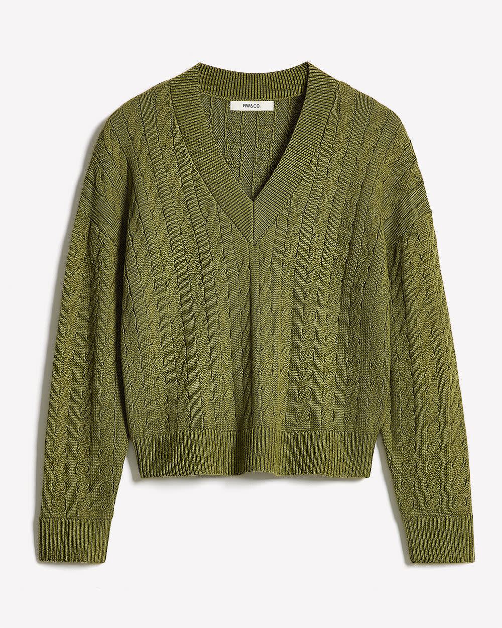 Long-Sleeve V-Neck Cable-Stitch Merino-Blend Sweater