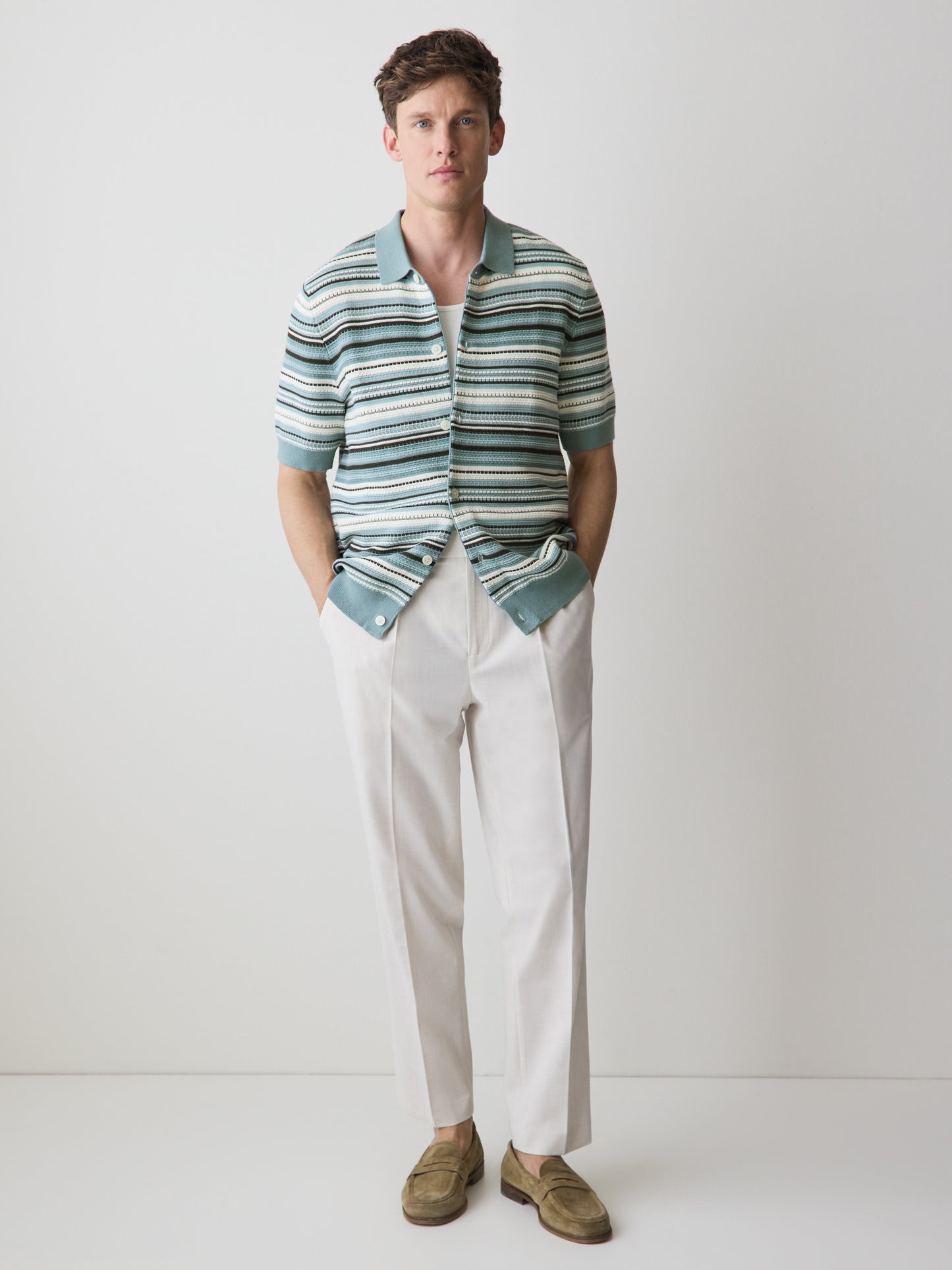 Striped Short-Sleeve Sweater with Shirt Collar