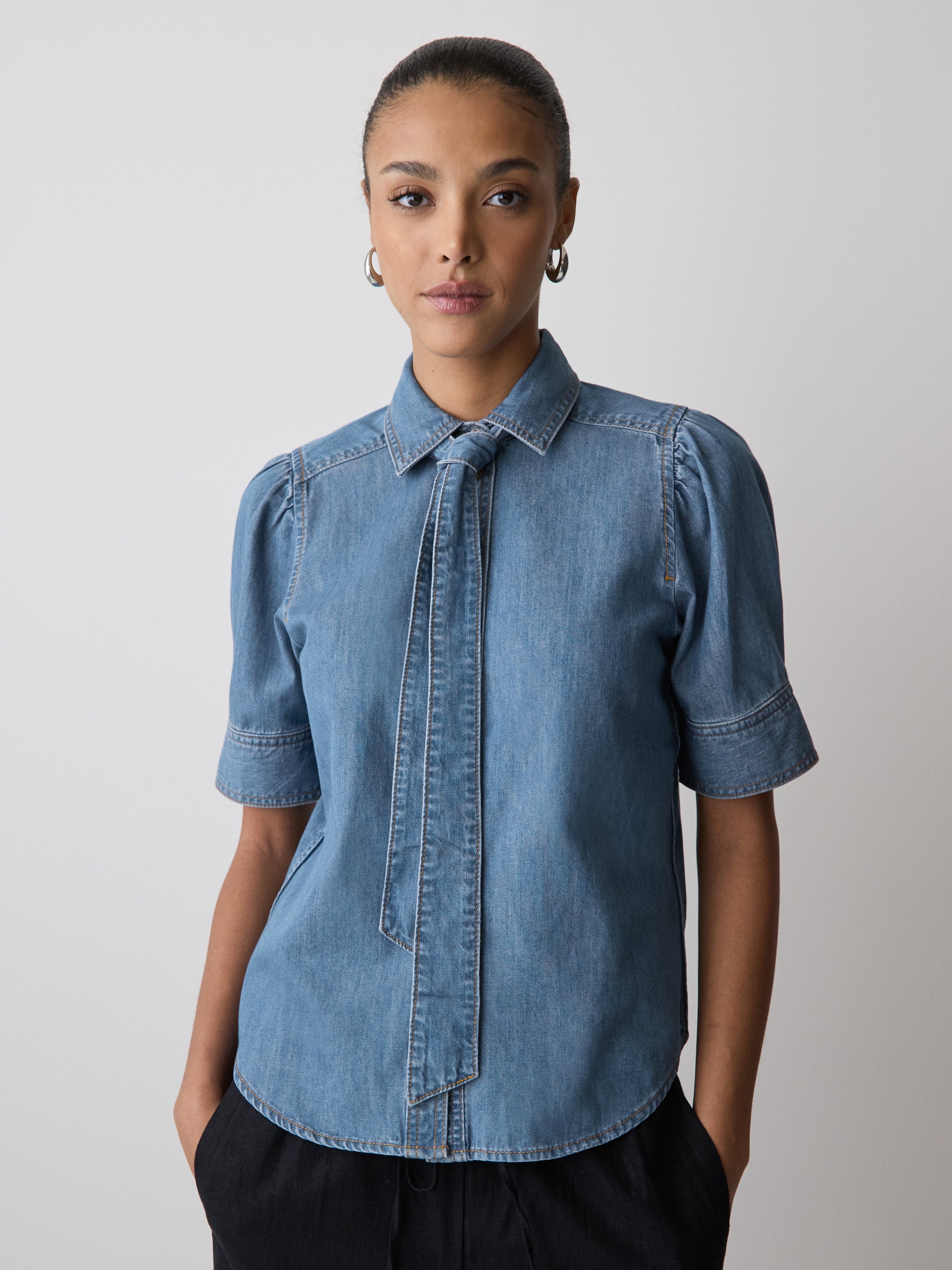 Short-Sleeve Denim Blouse with Shirt Collar
