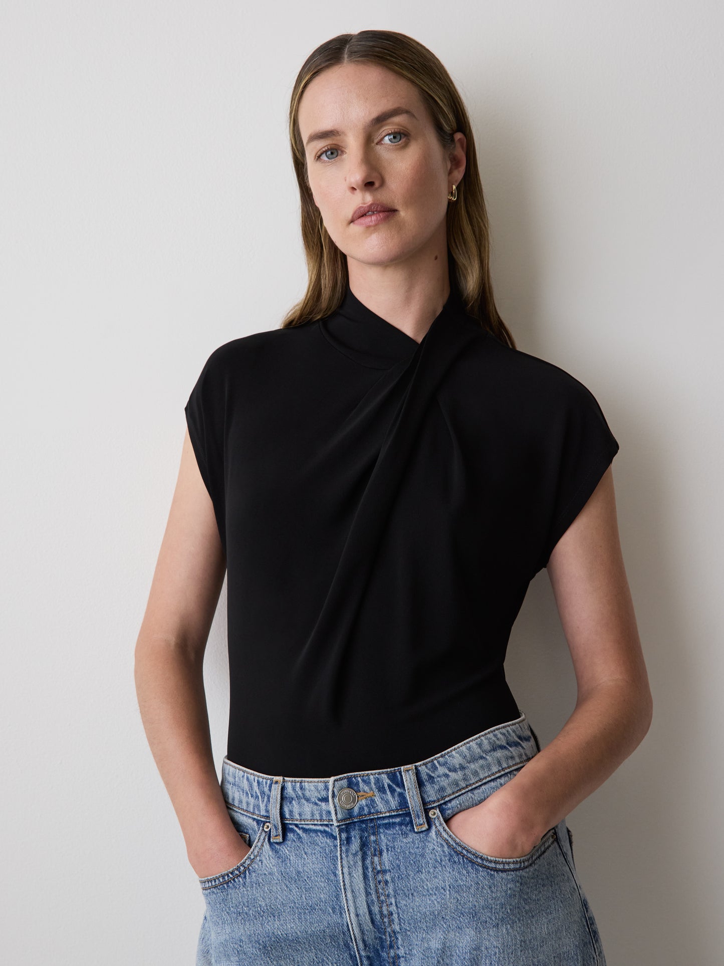Extended-Sleeve Top with Crossover Draped Mock Neckline