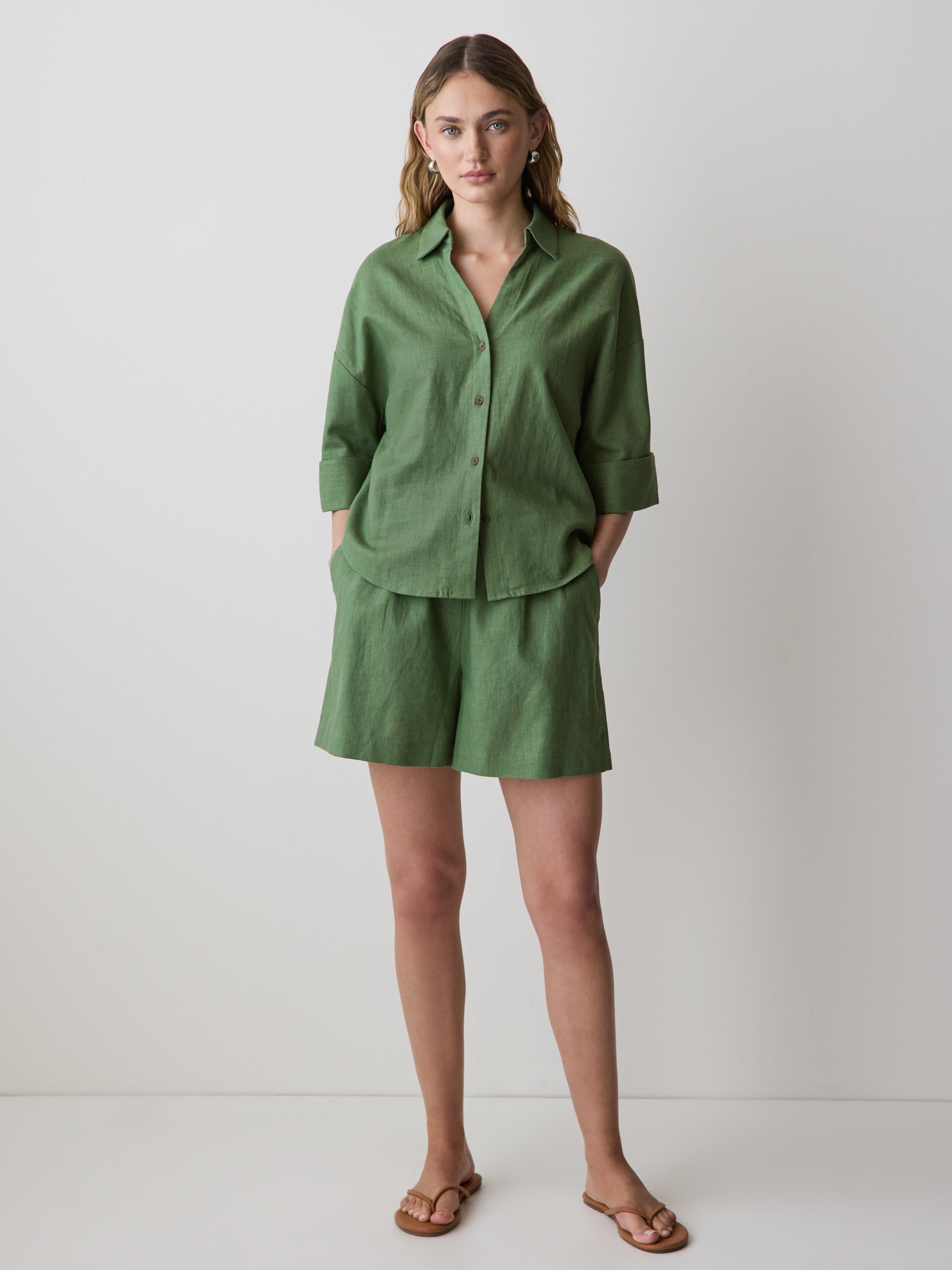 Linen-Blend Short-Sleeve Blouse with Shirt Collar