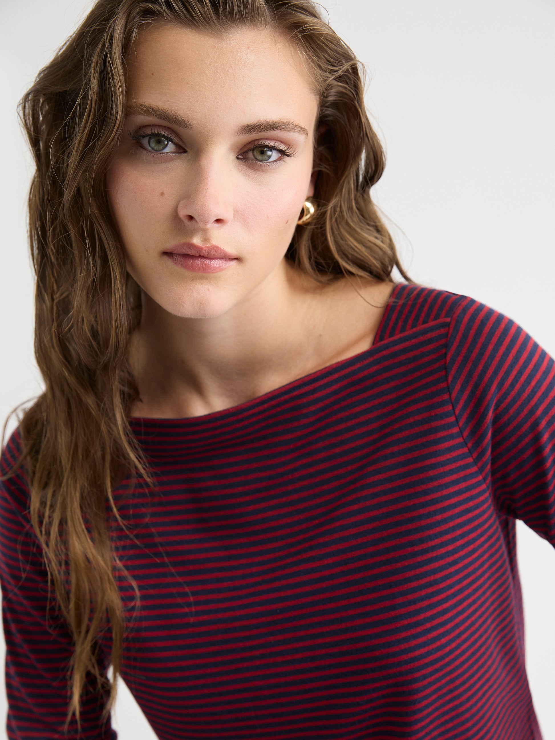 Striped Long-Sleeve Boat-Neck Top