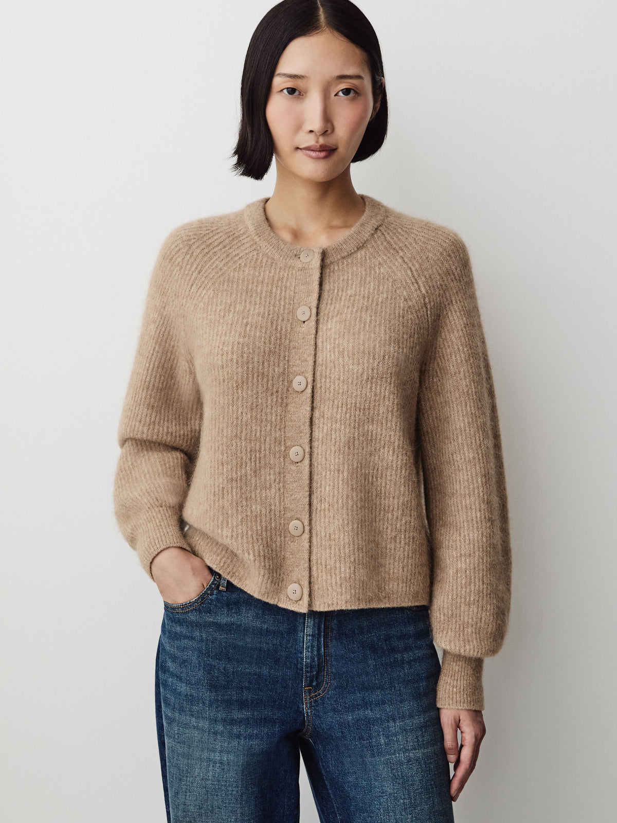 Wool-Blend Long-Sleeve Crew-Neck Cardigan