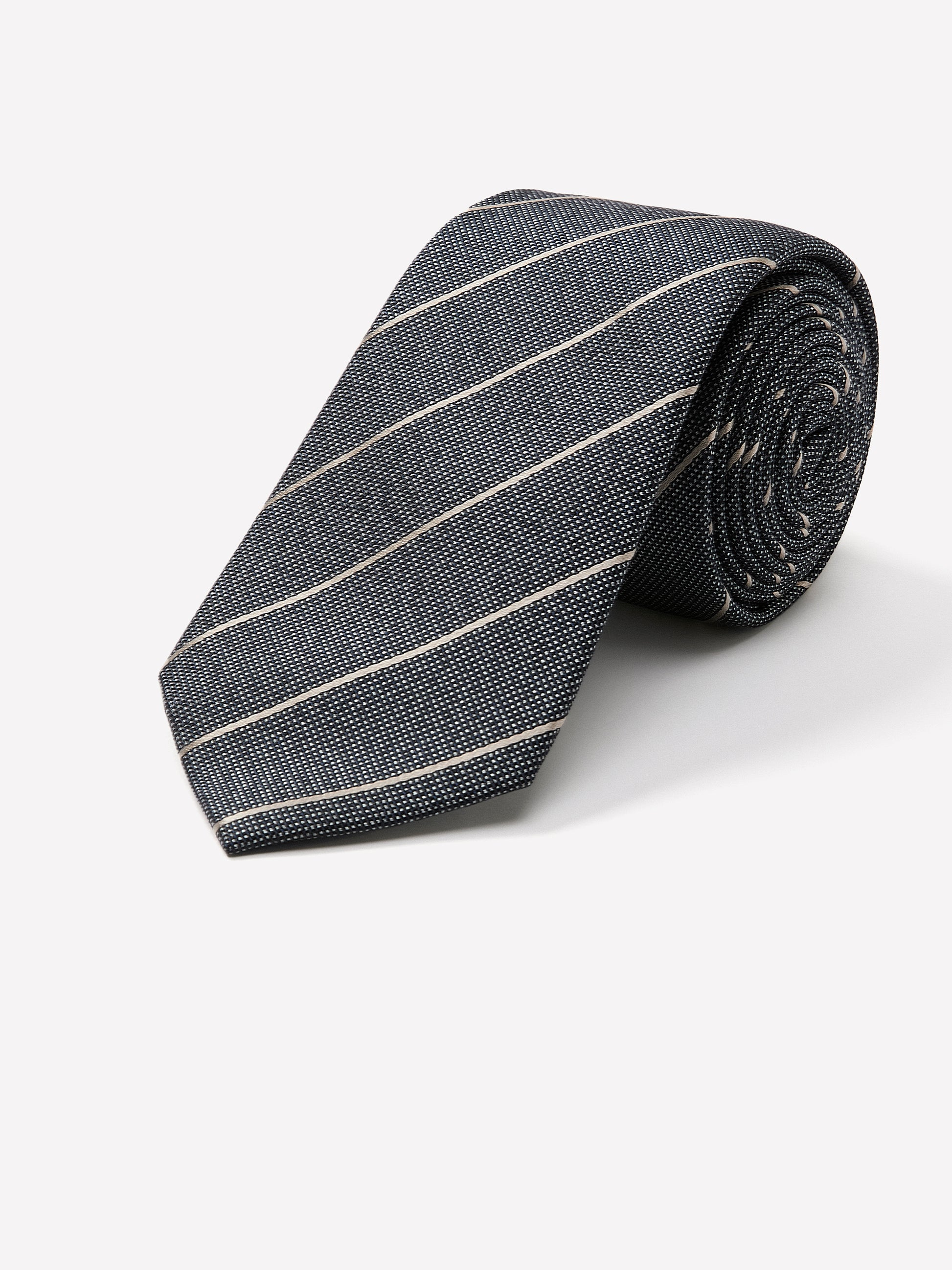 Men's Skinny Silk Linen Tie Charcoal Stripe