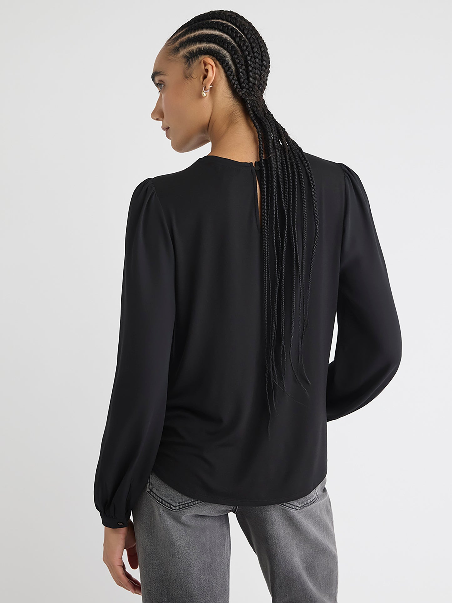 Long-Sleeve Crew-Neck Mix-Media Blouse