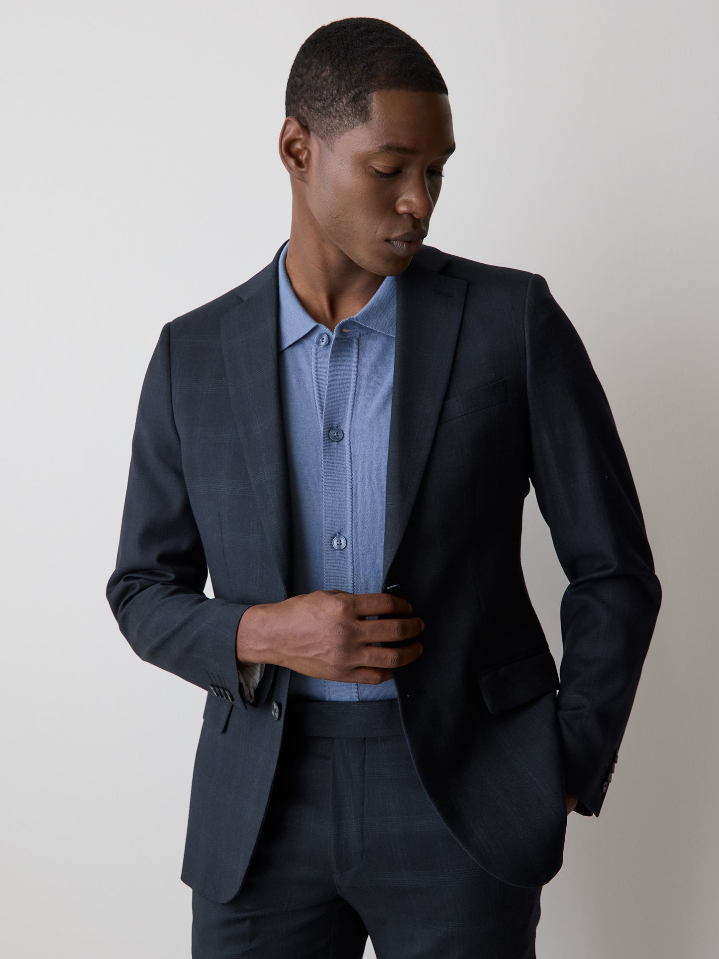 Slim Fit Navy Checkered Suit Blazer