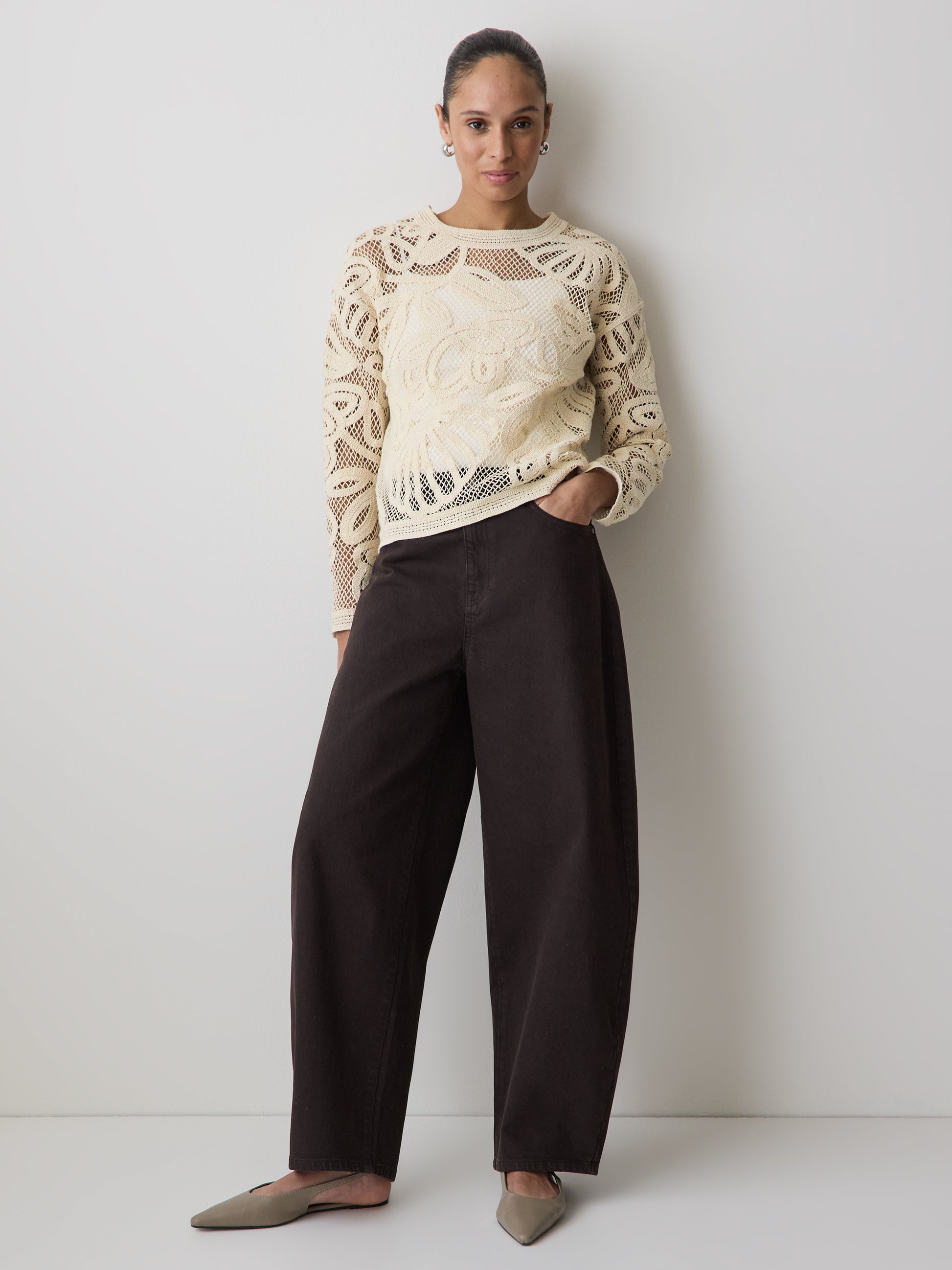 Long-Sleeve Crew-Neck Top with Crochet Details