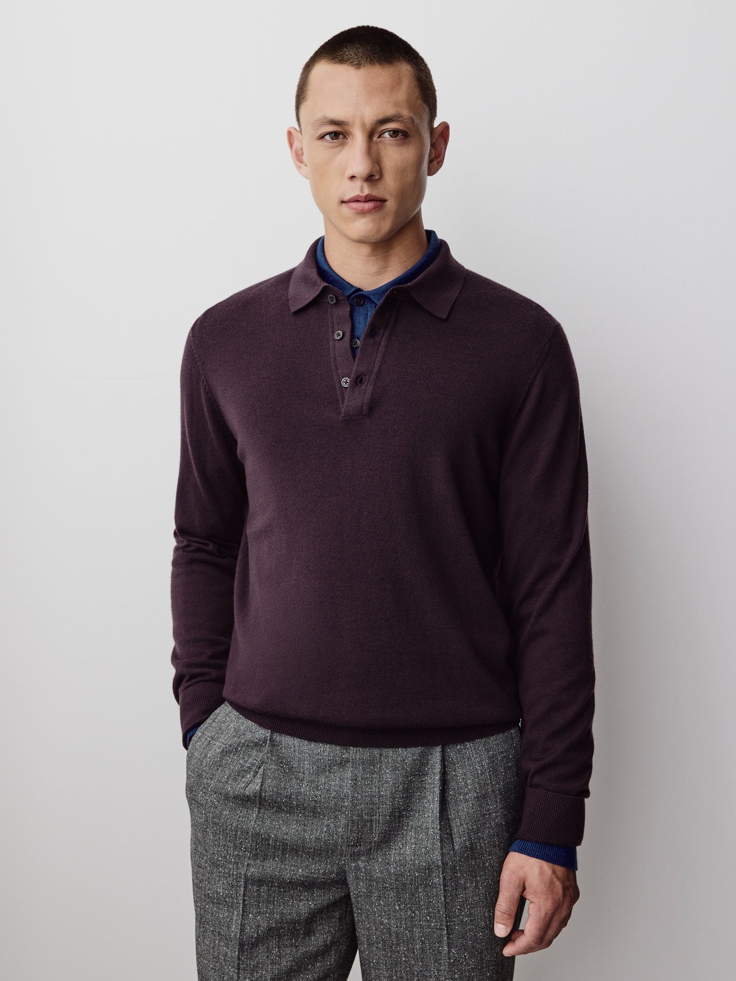 Merino Wool Knit Polo Sweater Long Sleeve