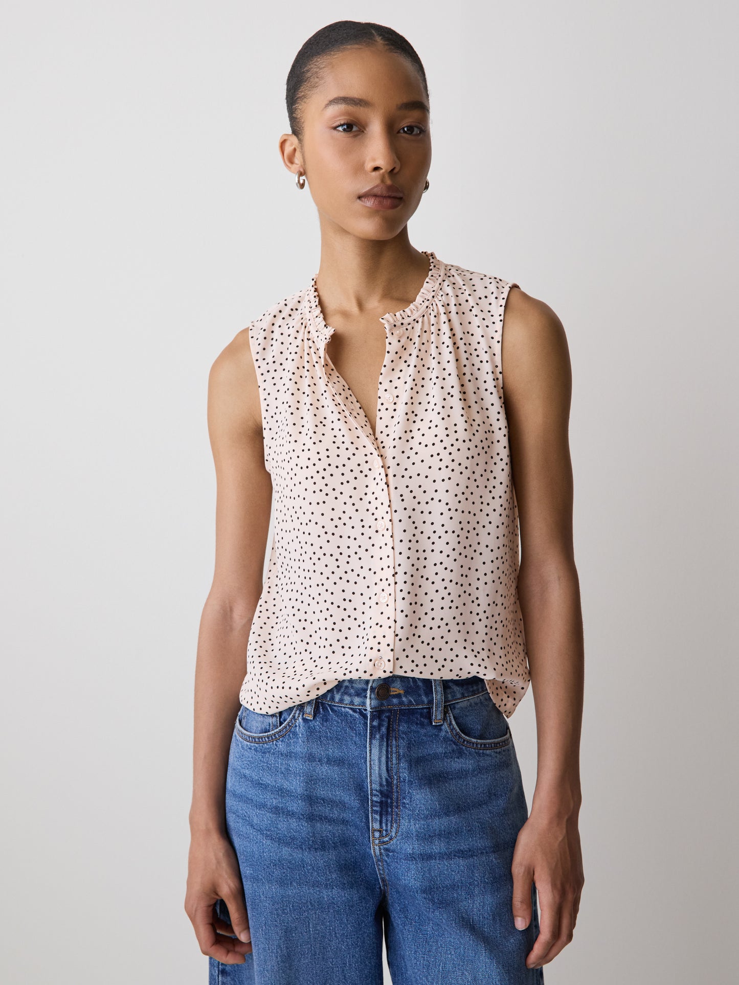 Sleeveless Buttoned-Down Blouse with Ruffled Trim
