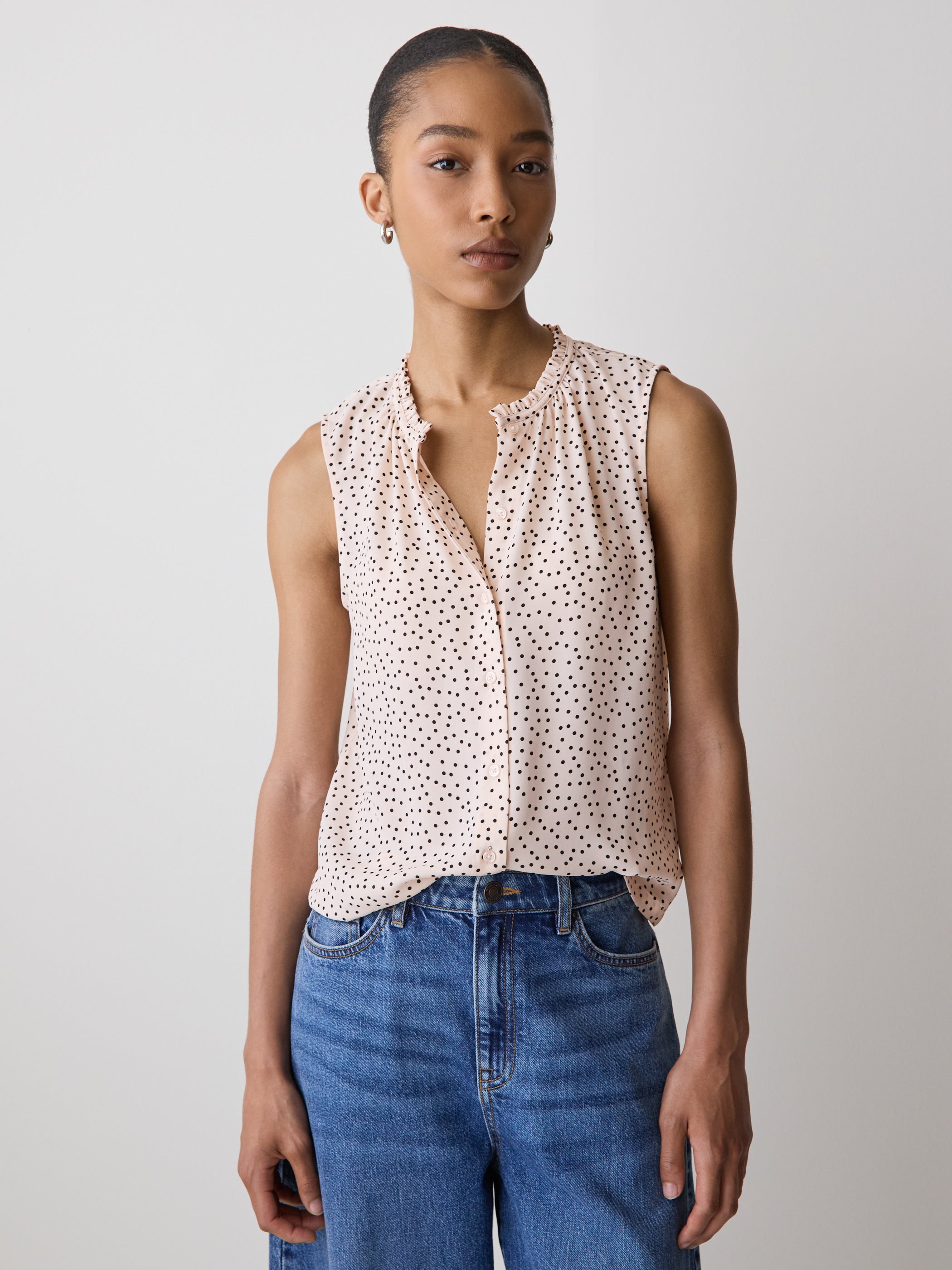 Sleeveless Buttoned-Down Blouse with Ruffled Trim