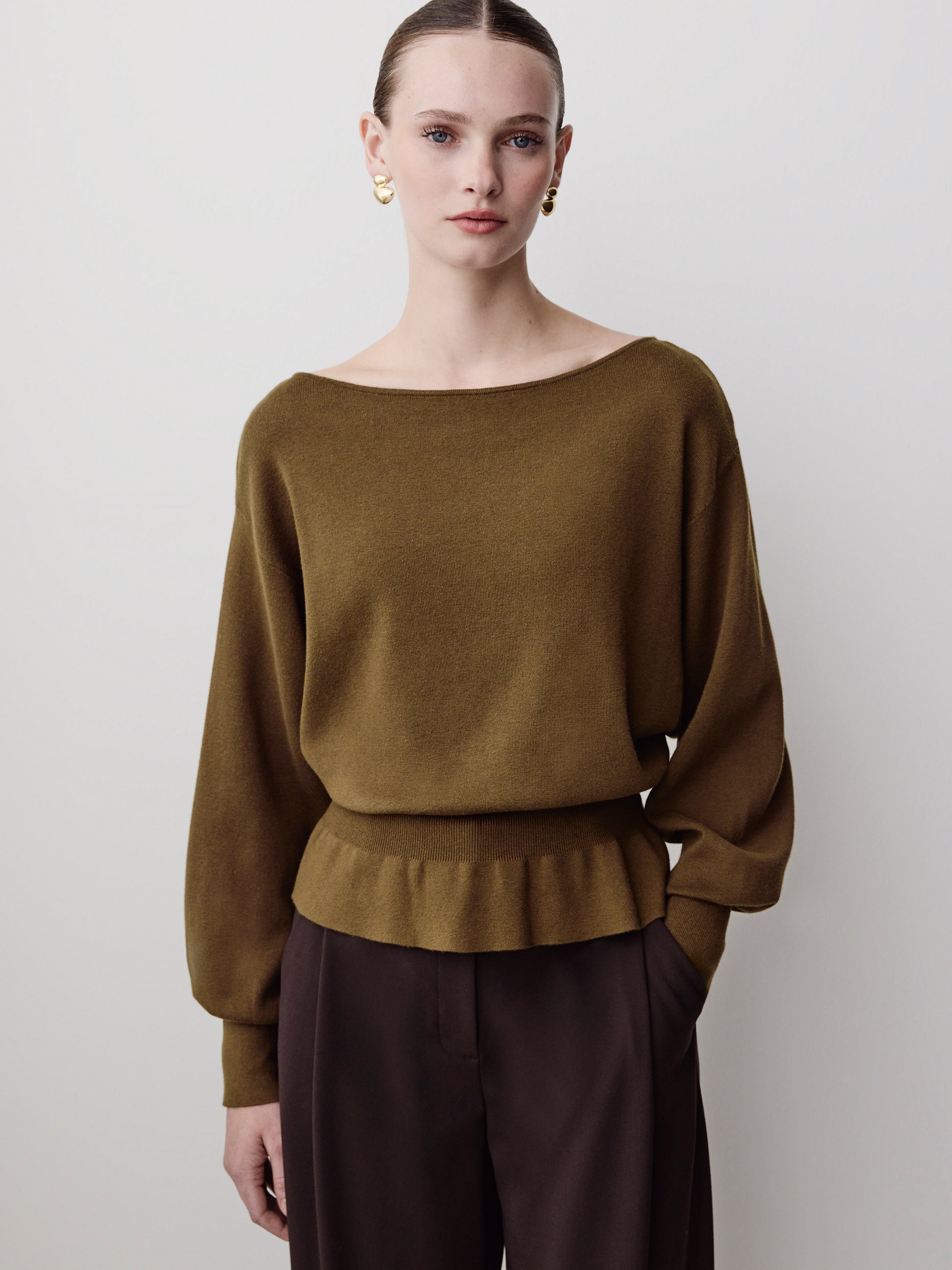 Ladies Knit Sweater Cinched Waist Boat Neck Cotton Blend