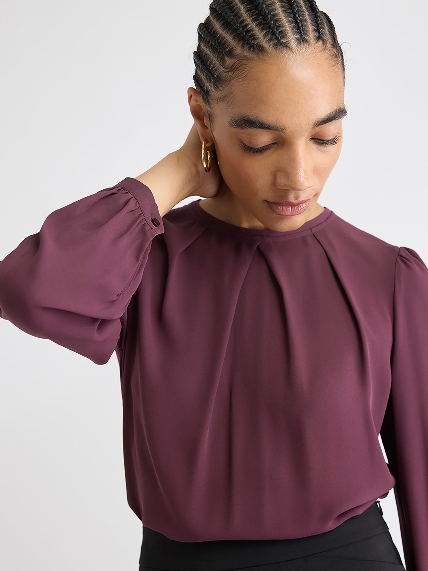 Long-Sleeve Crew-Neck Mix-Media Blouse