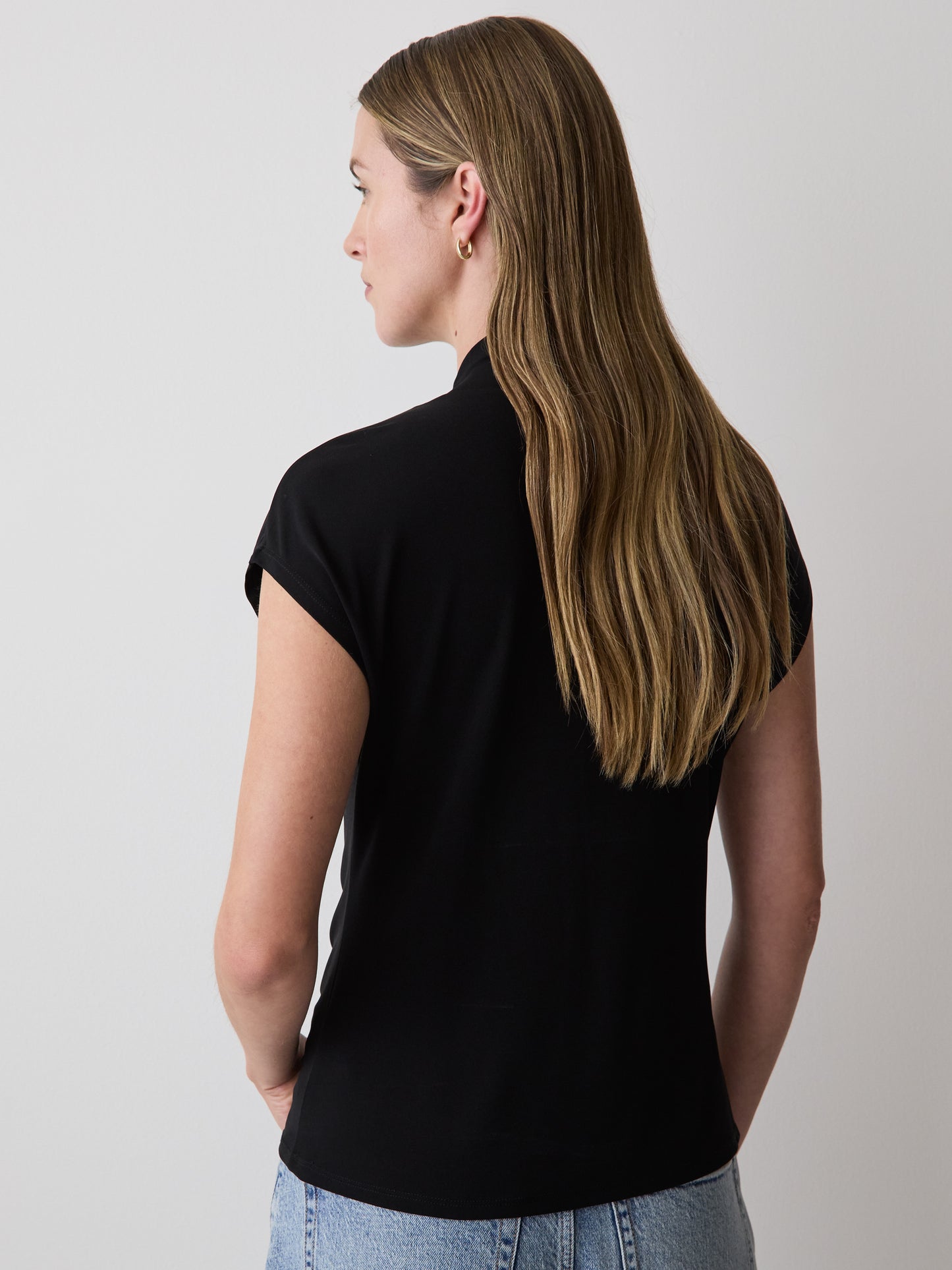 Extended-Sleeve Top with Crossover Draped Mock Neckline