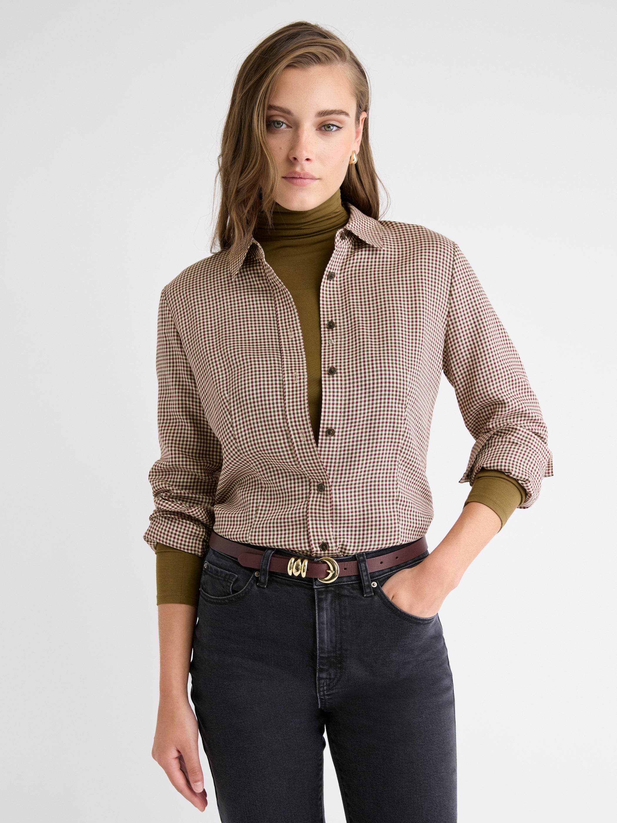 Blouse Boutonnée à Carreaux à Manches Longues