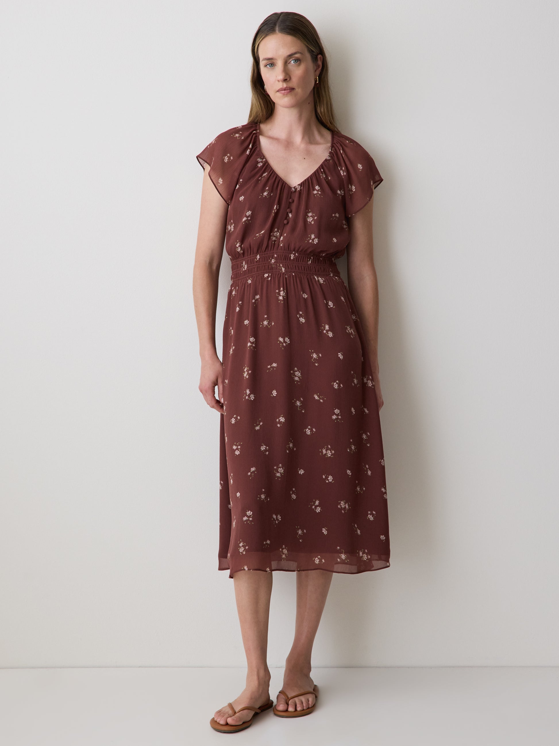 Fit-and-Flare Midi Dress with Short Flutter Sleeves