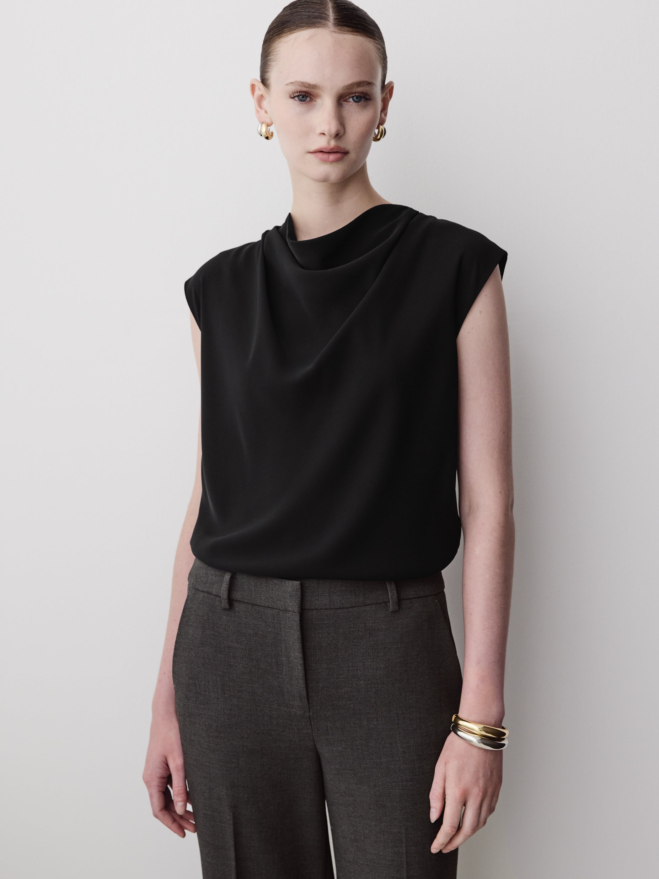 Woven Blouse Luxe Crepe Cowl Neck