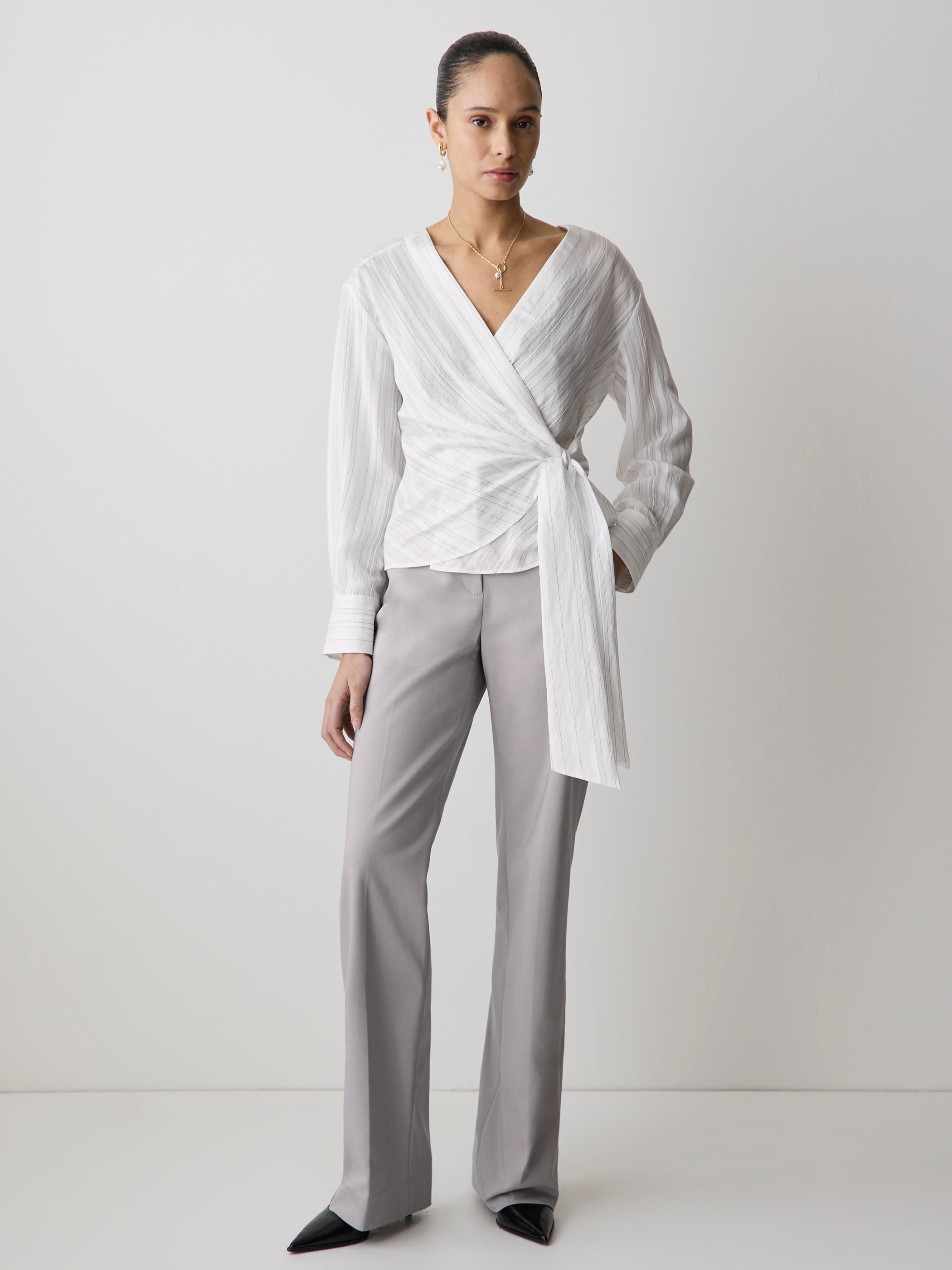 Woven Long Sleeve Wrap Blouse