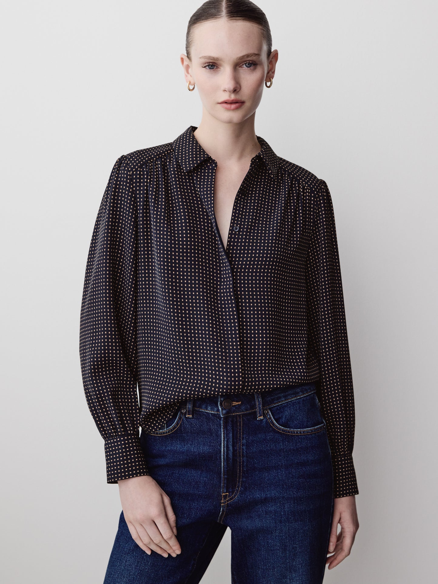 Silky Crepe Long-Sleeve Buttoned-Down Blouse