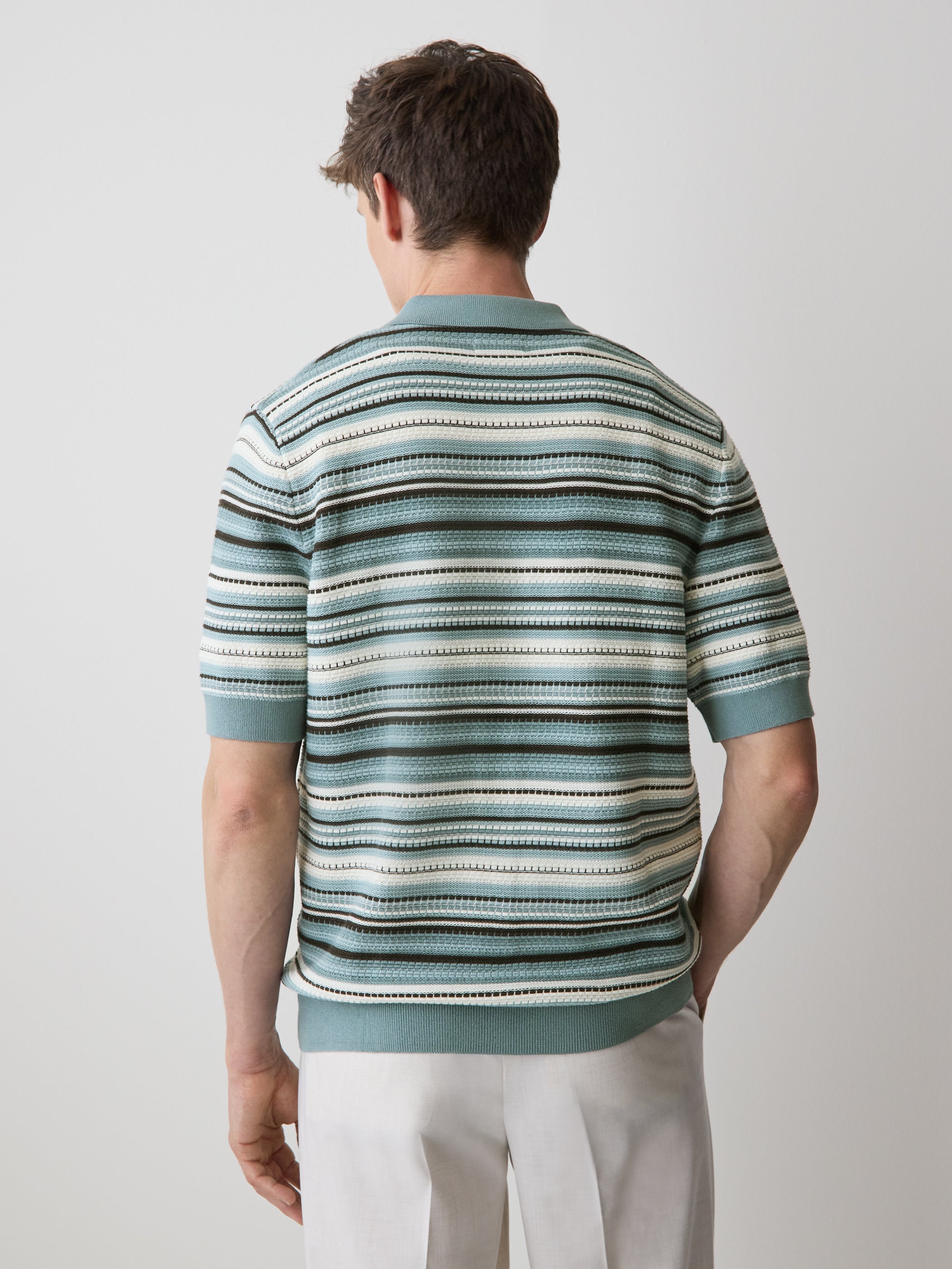 Striped Short-Sleeve Sweater with Shirt Collar