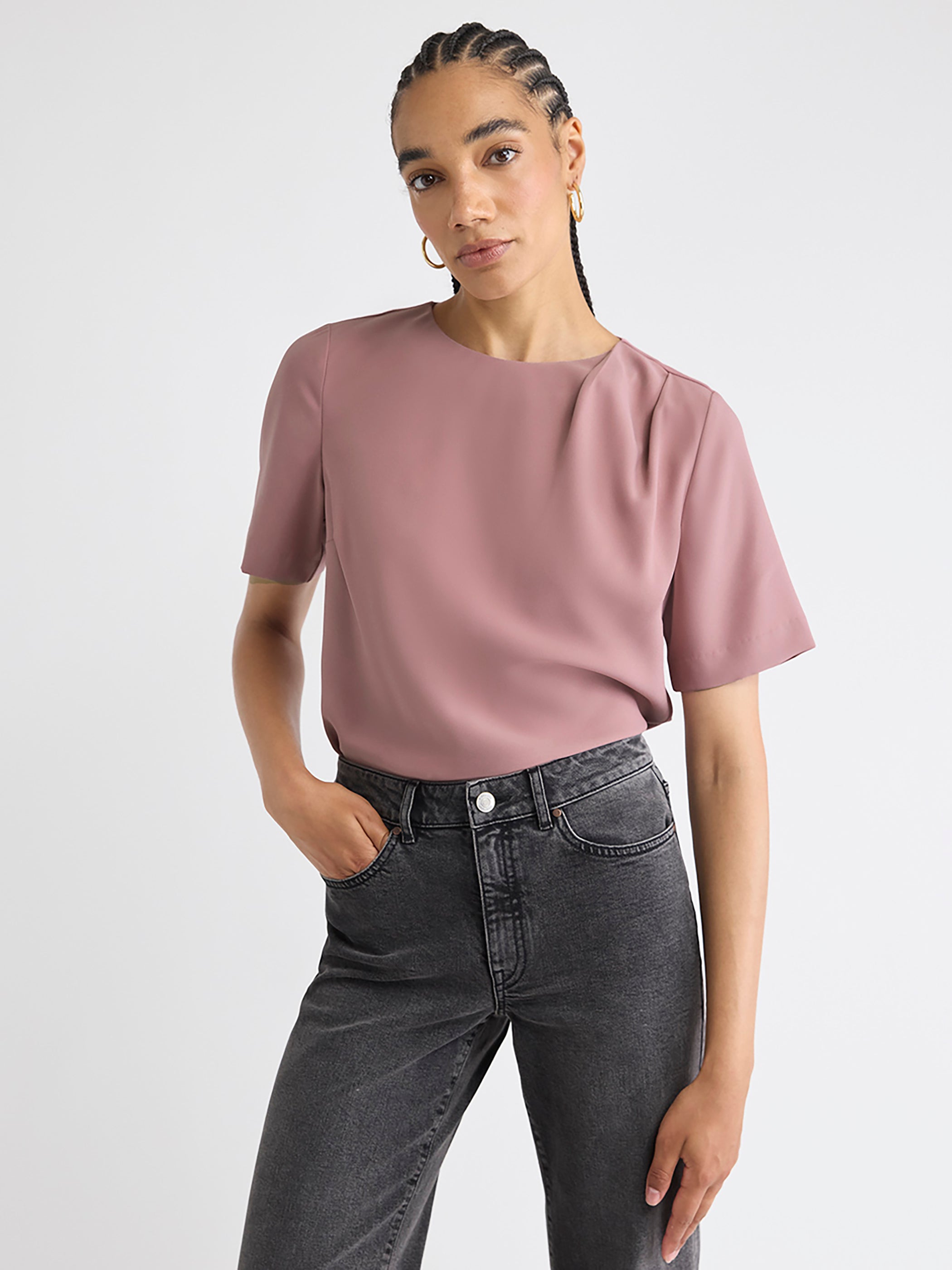 Short-Sleeve Crew-Neck Mix-Media Blouse