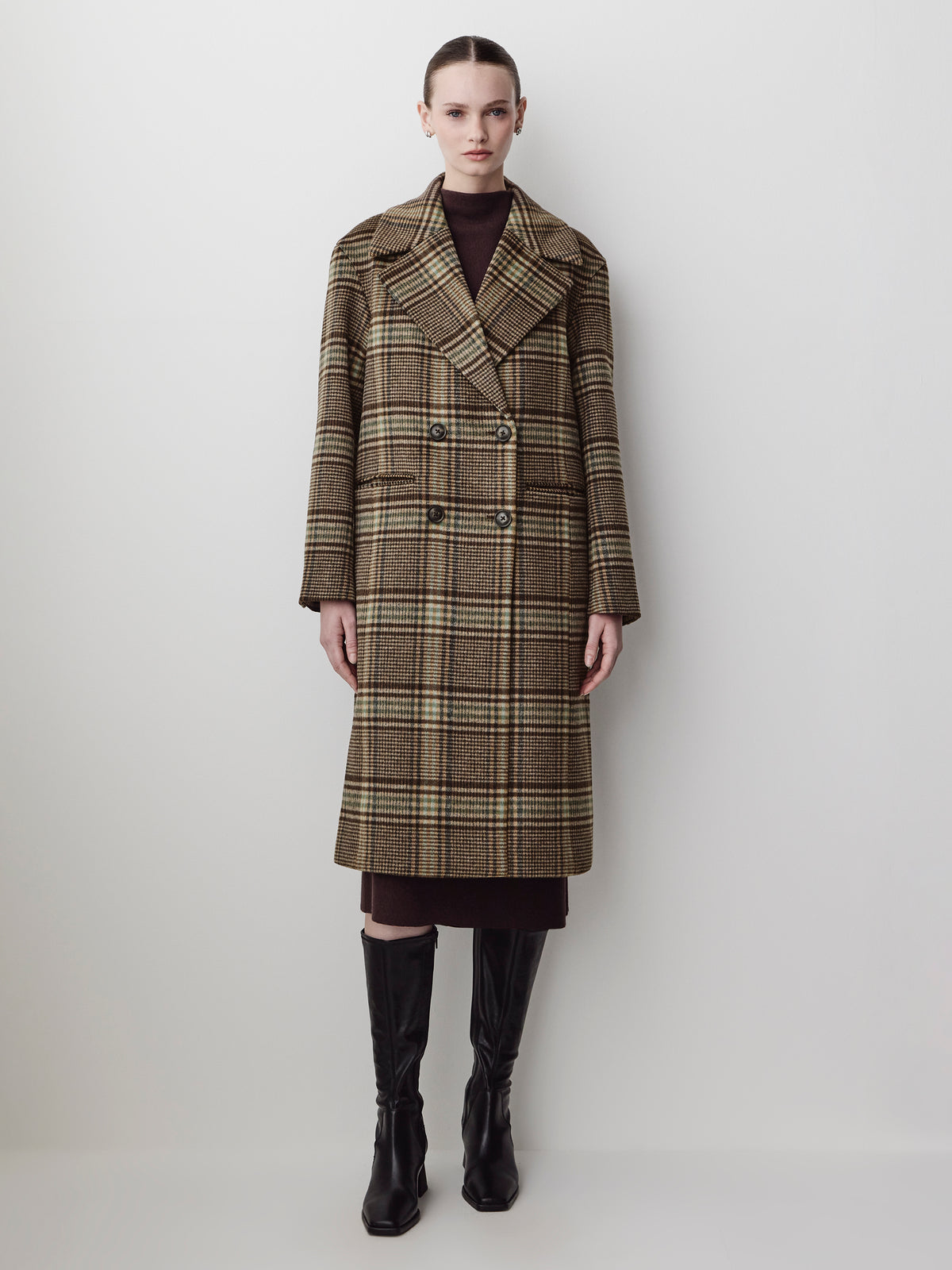 Woven Wool Blend Double-Breasted Long Coat
