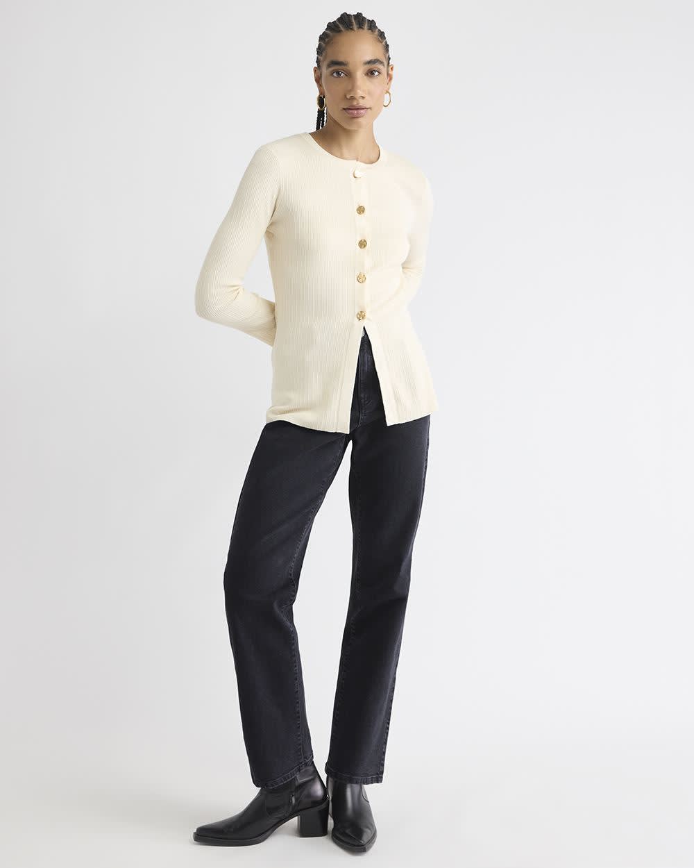 Cardigan Côtelé à Manches Évasées et Col Rond