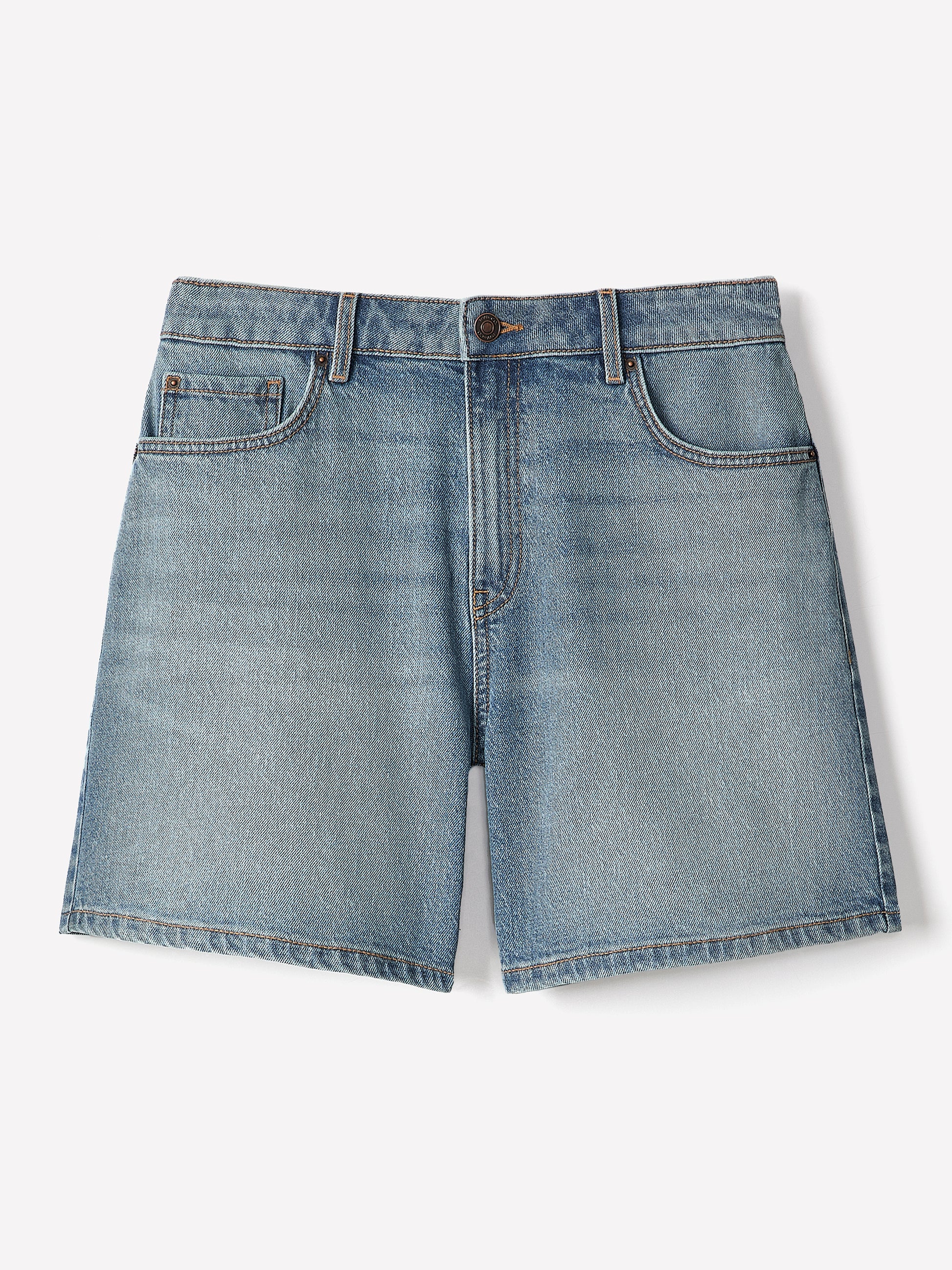 Woven Denim High Rise Mid Thigh Shorts