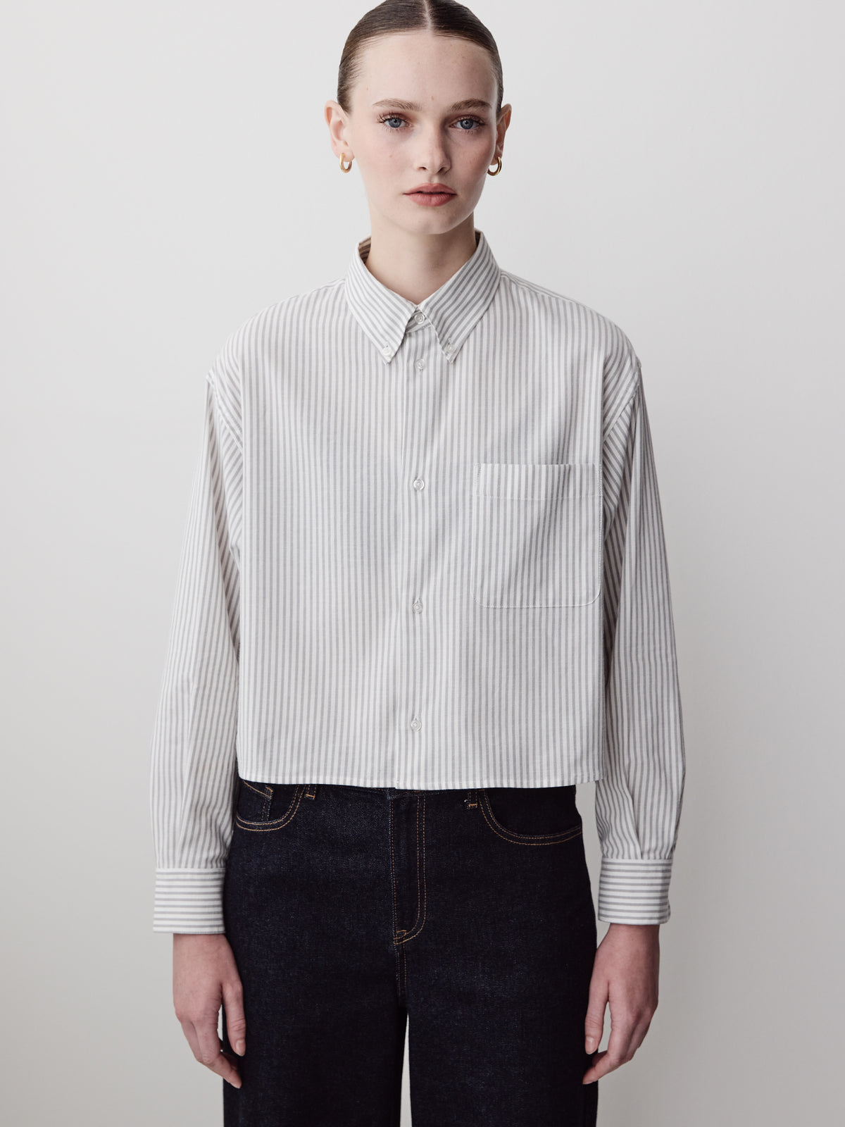 Cropped Oxford Stripe Button-Down Shirt