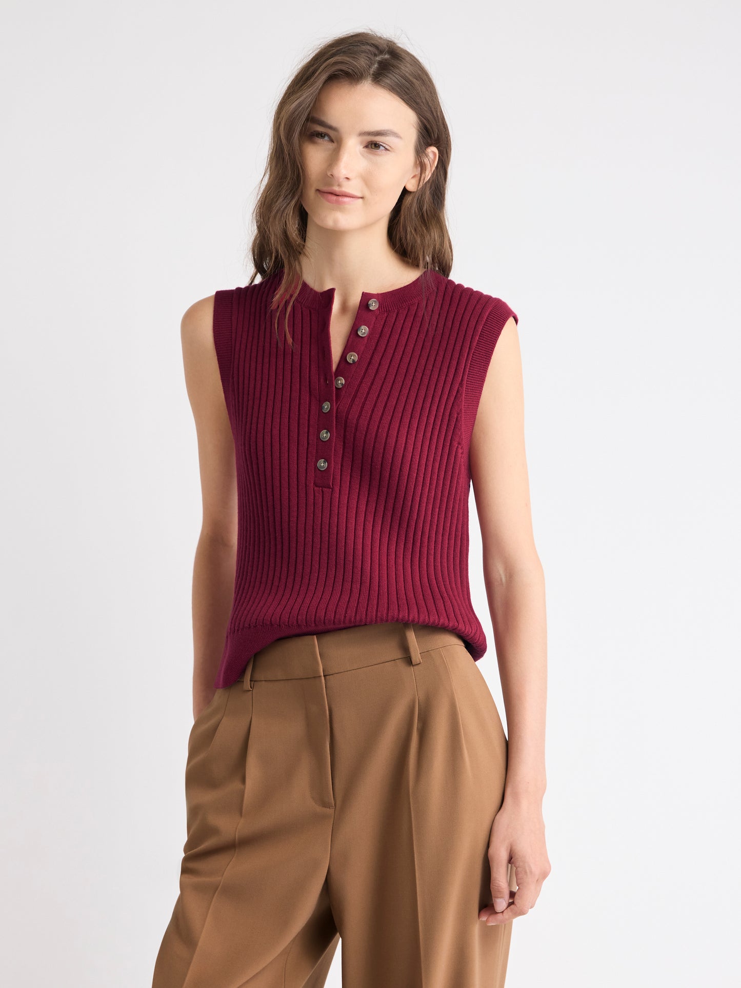 Short Sweater Vest with Henley Neckline