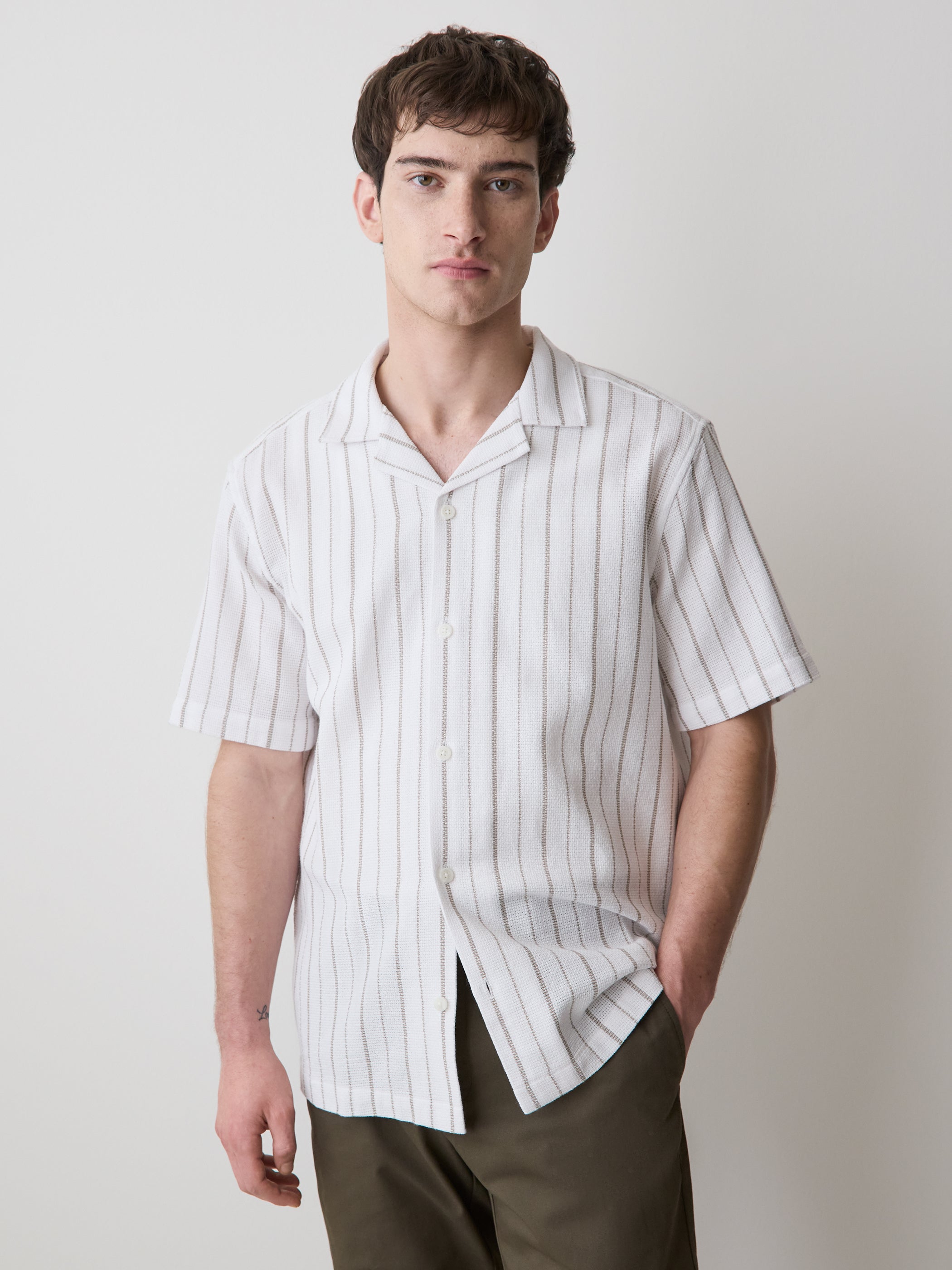 Striped Short-Sleeve Textured Shirt with Camp Collar