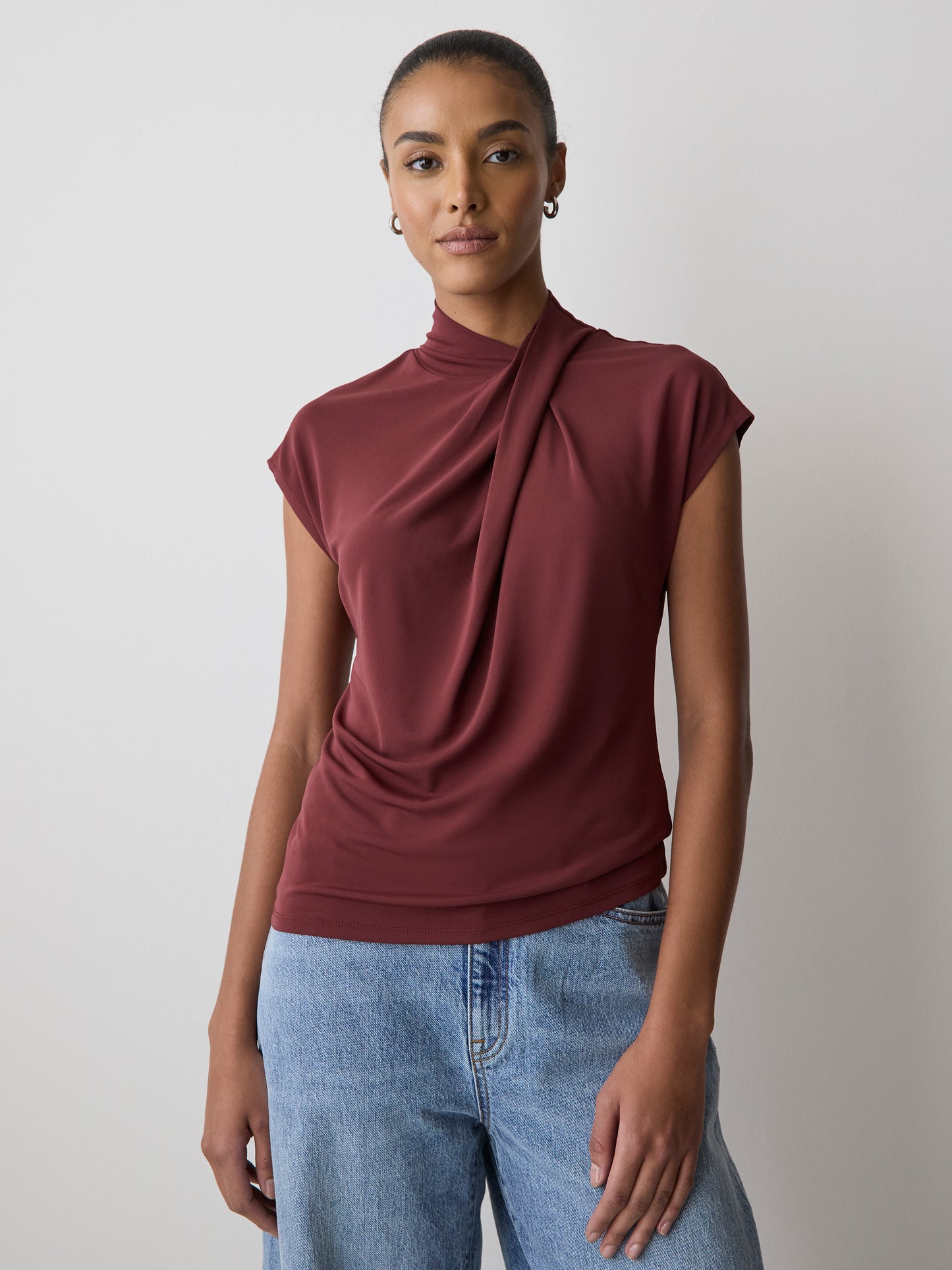 Extended-Sleeve Top with Crossover Draped Mock Neckline