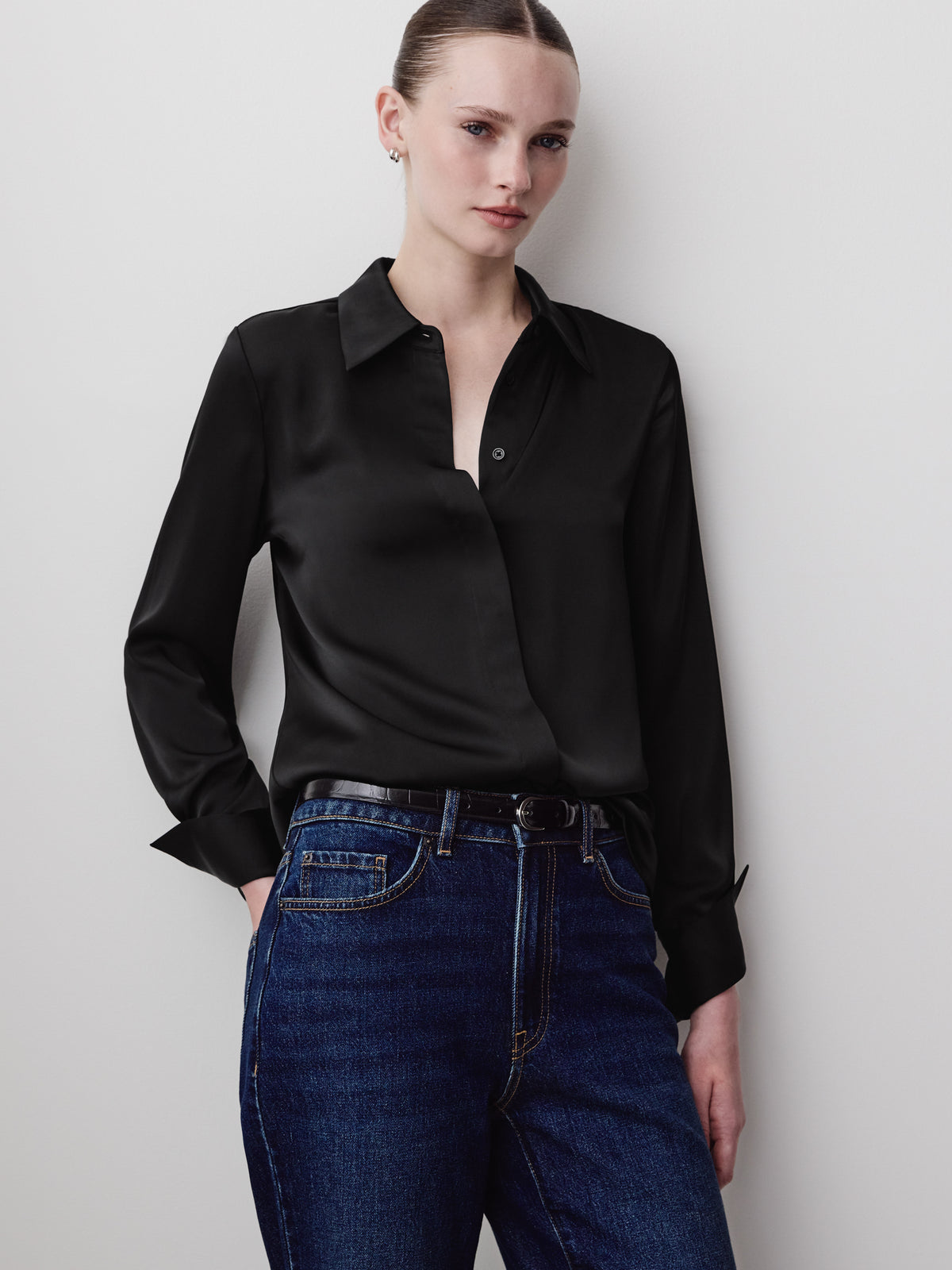 Woven Satin Long Sleeve Shirt