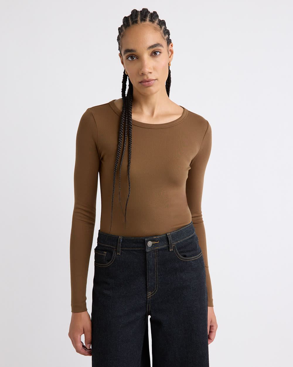 Luxe Knit Long-Sleeve Crew-Neck Fitted Ribbed Tee