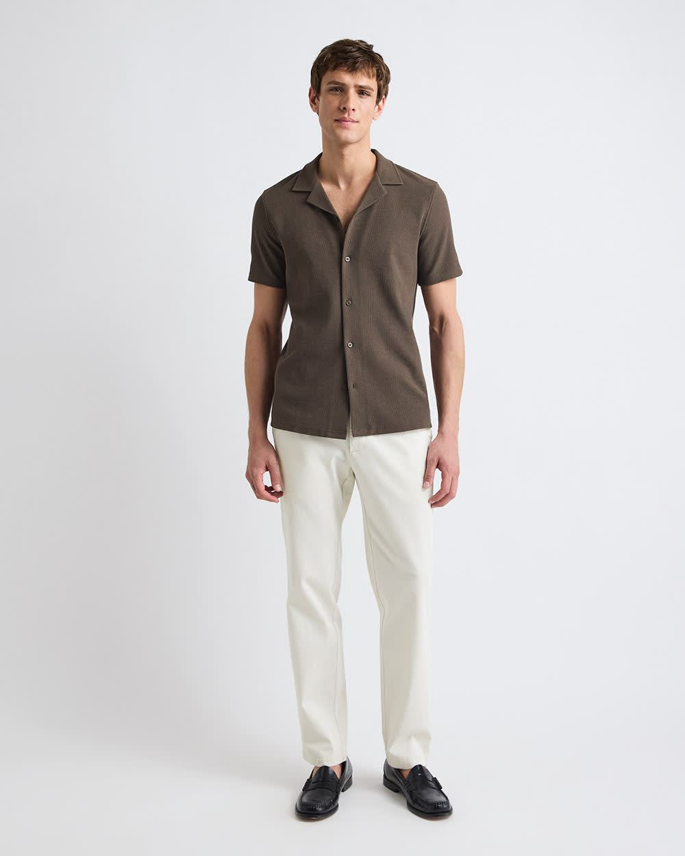 Slim Fit Short-Sleeve Knit Shirt with Camp Collar