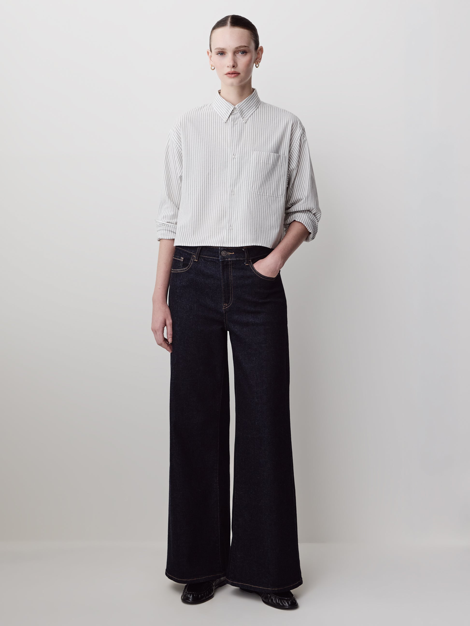 Cropped Oxford Stripe Button-Down Shirt