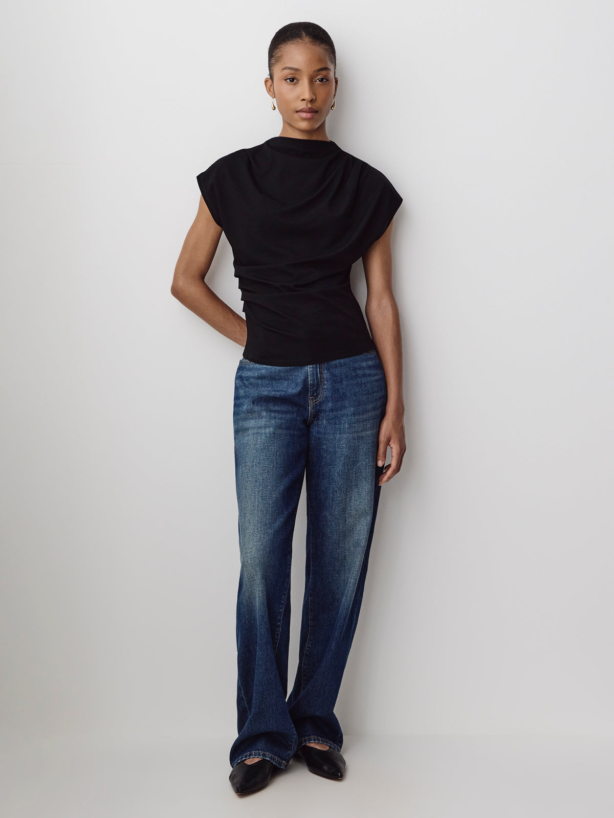 Extended-Sleeve Crew-Neck Draped Top