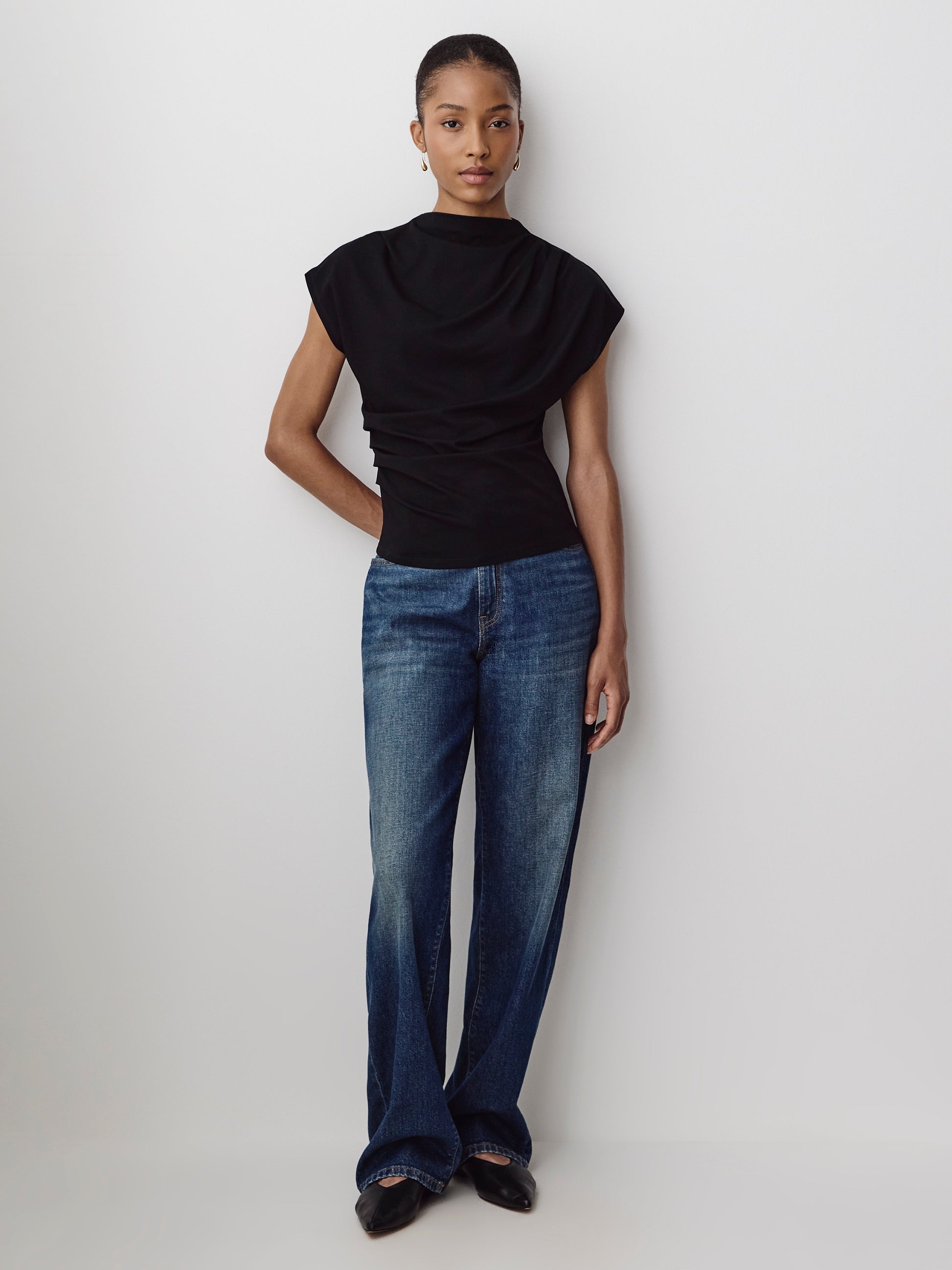 Extended-Sleeve Crew-Neck Draped Top