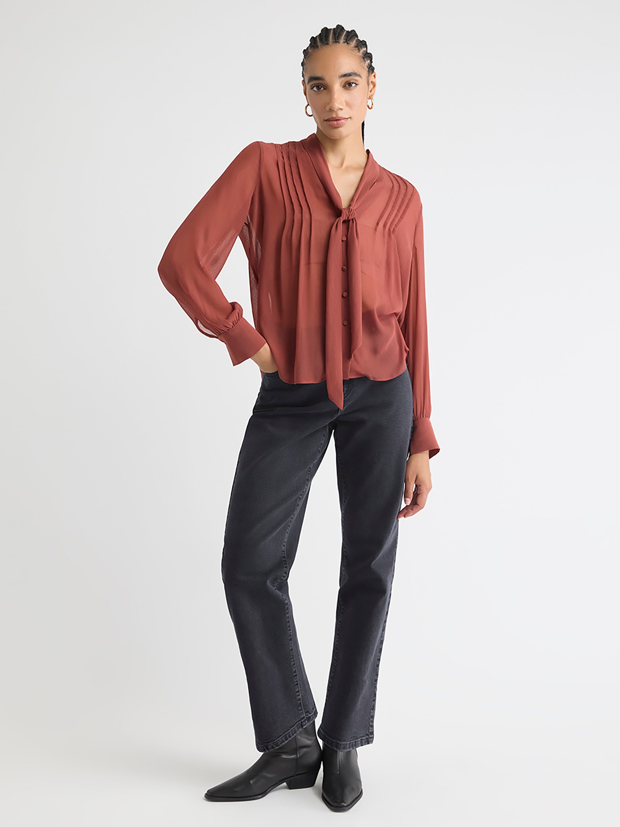 Long-Sleeve V-Neck Blouse with Ribbon at Neckline