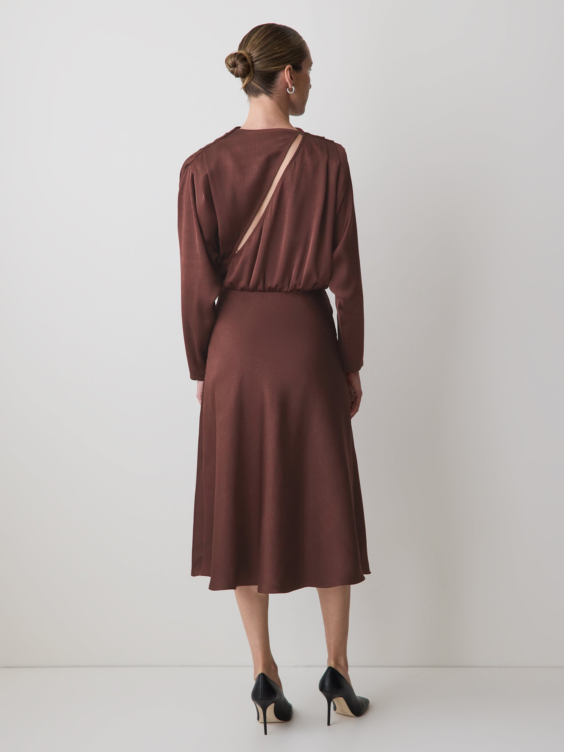 Satin Long-Sleeve Crew-Neck Midi Dress