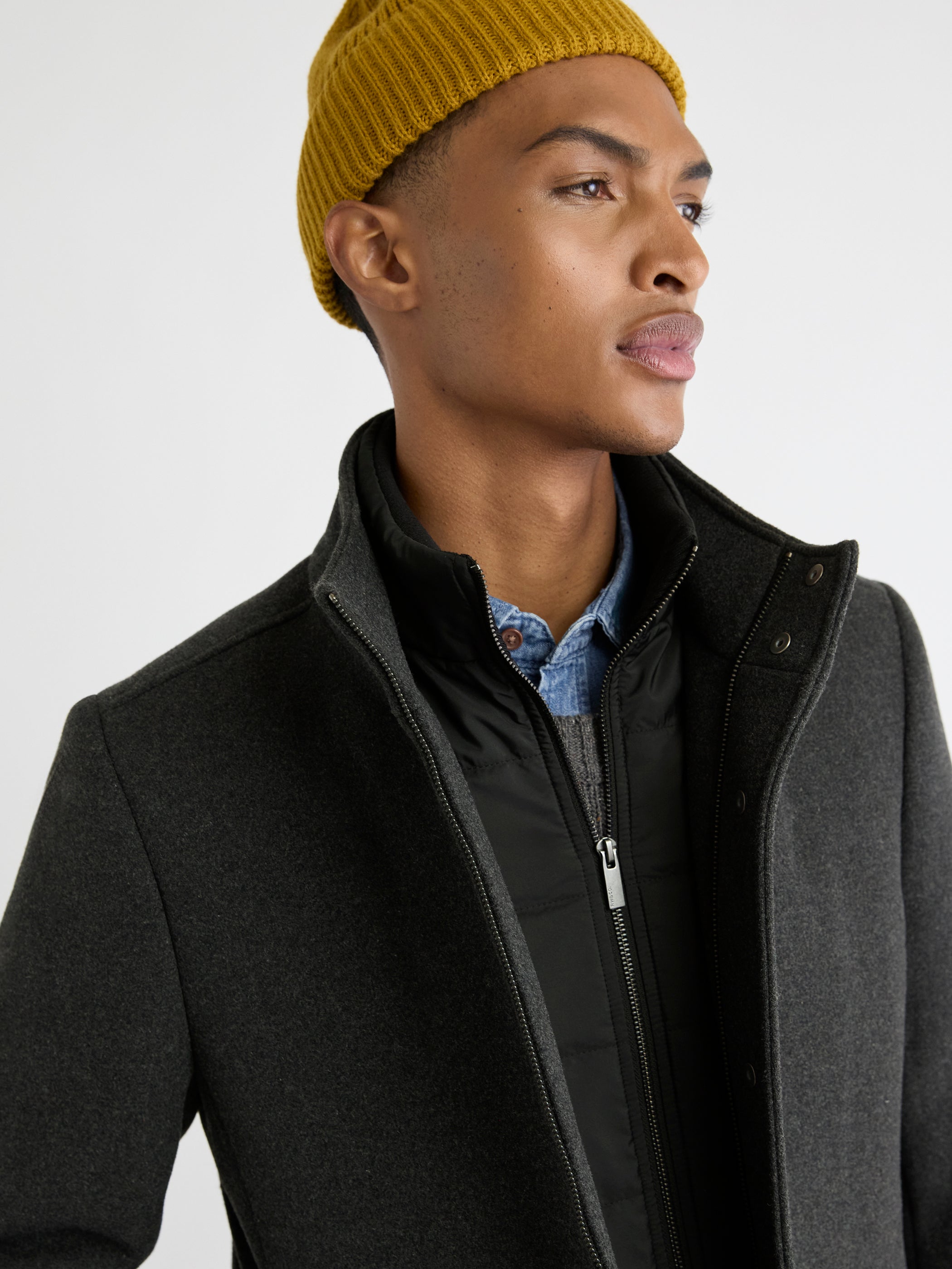 Classic Solid Mock-Neck Wool Coat with Dickey