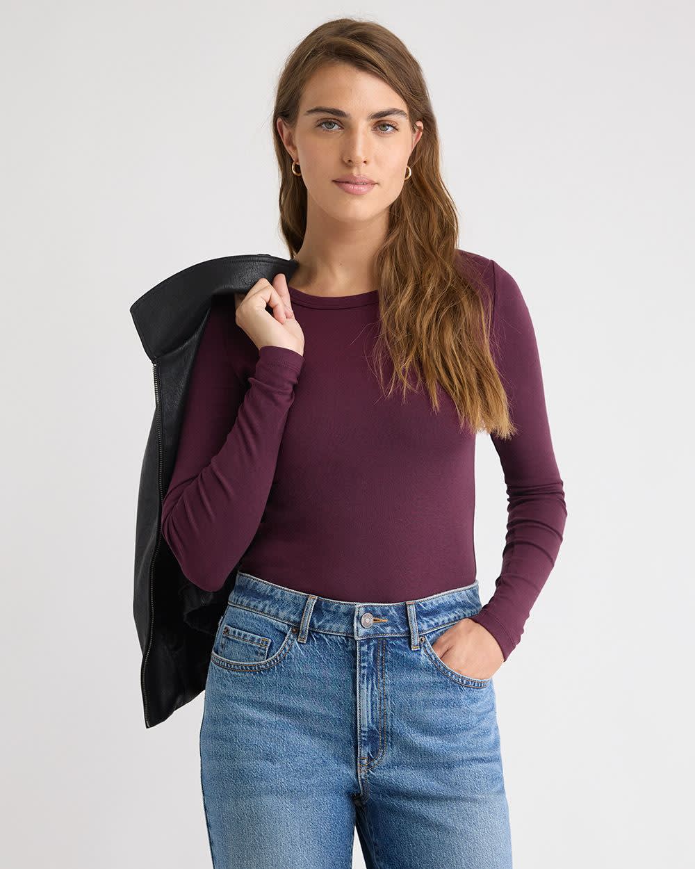 Luxe Knit Long-Sleeve Crew-Neck Fitted Ribbed Tee