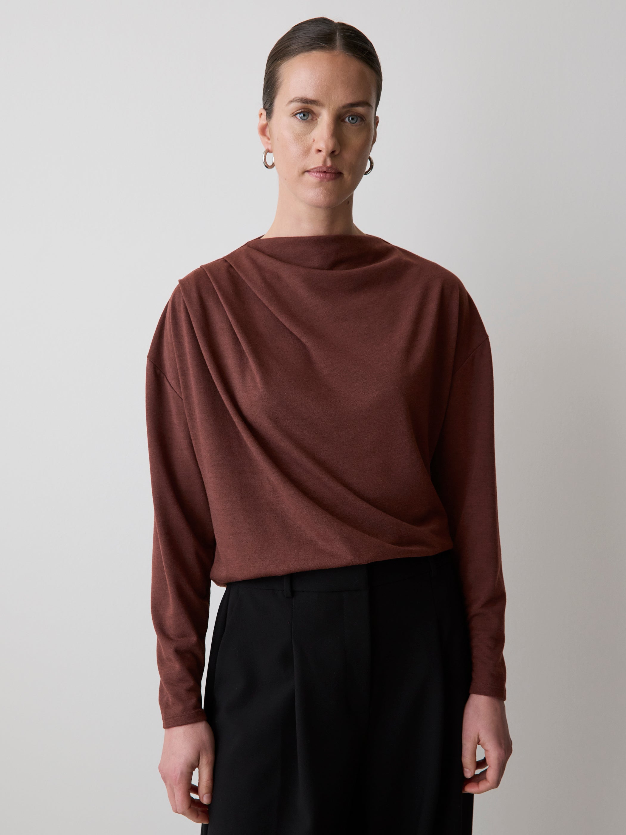 Haut à Manches Longues à Col Rond Drapé