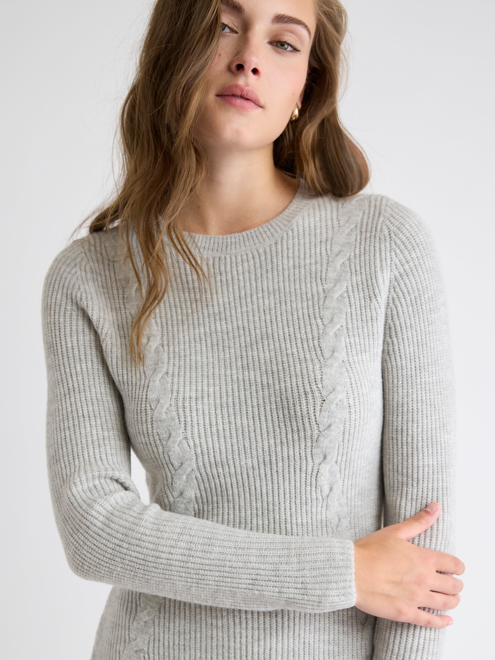 Robe Courte en Tricot Côtelé à Manches Longues et Col Rond