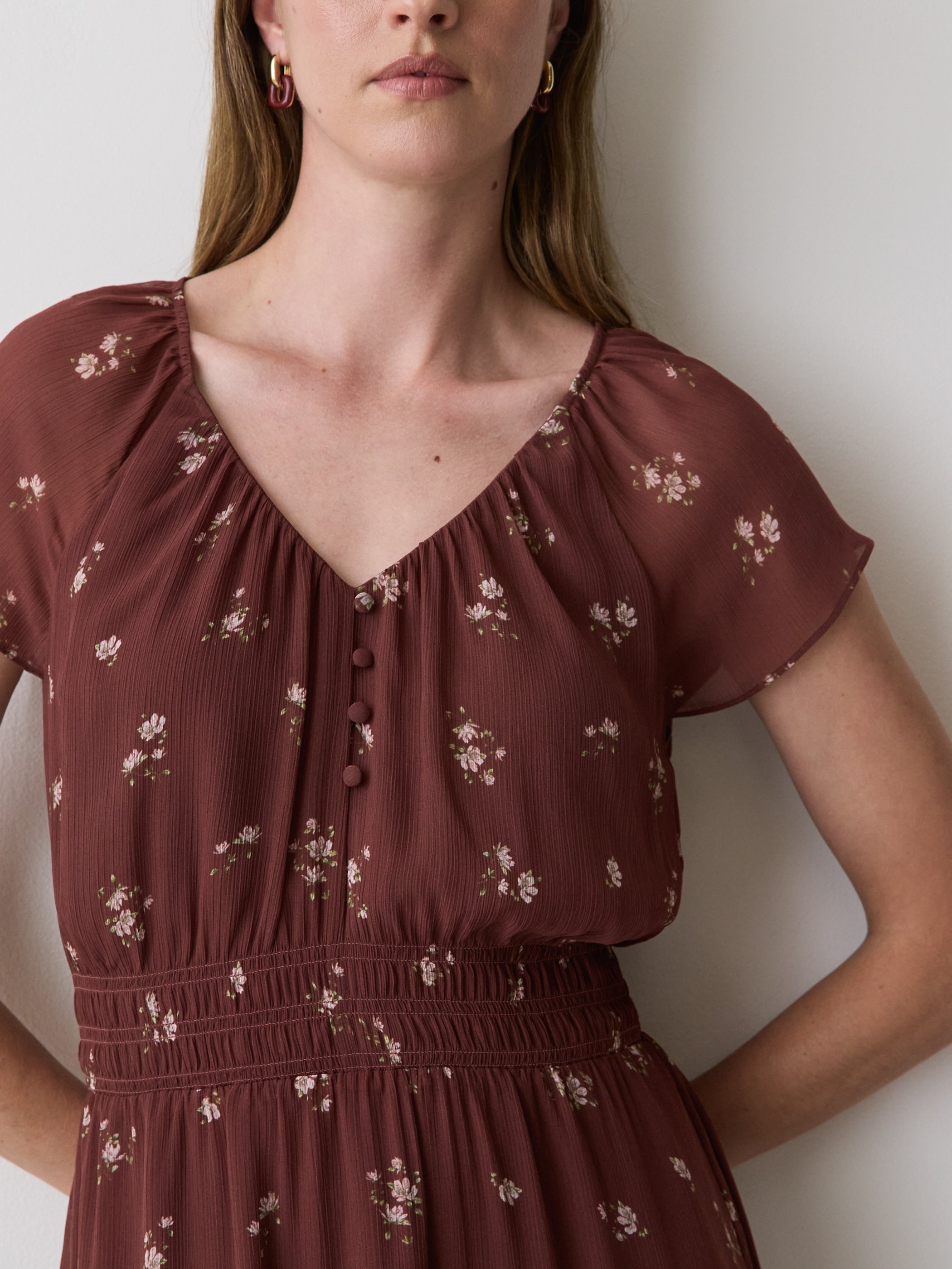 Fit-and-Flare Midi Dress with Short Flutter Sleeves