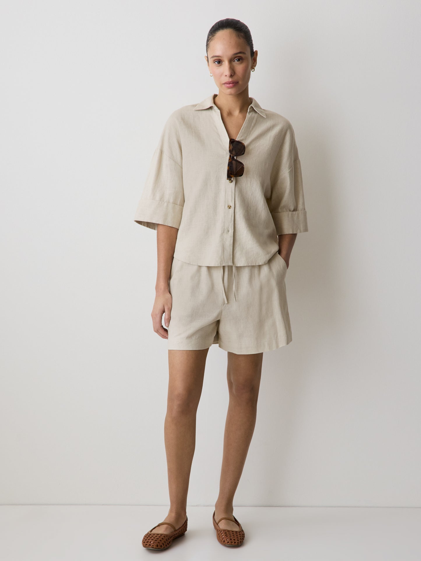 Linen-Blend Short-Sleeve Blouse with Shirt Collar