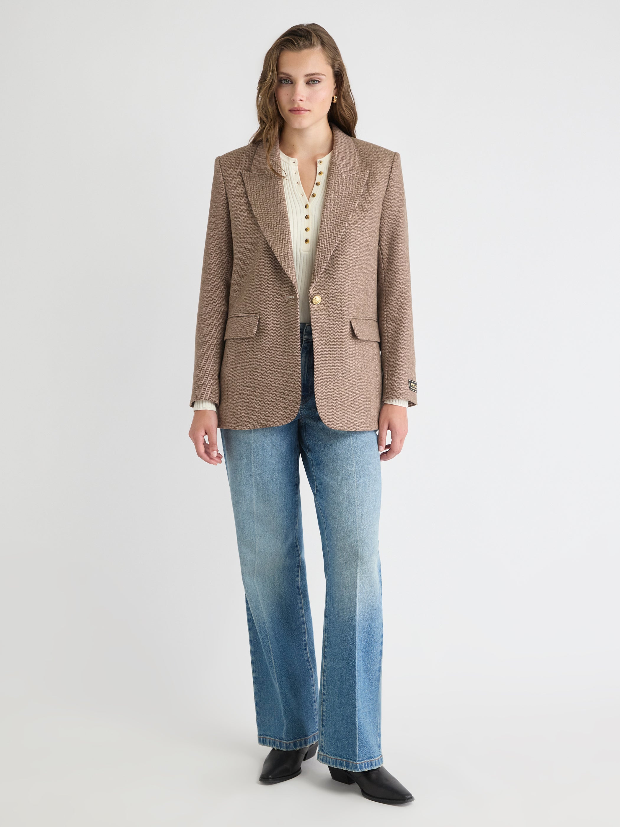 Herringbone Wool-Blend Oversized One-Button Blazer