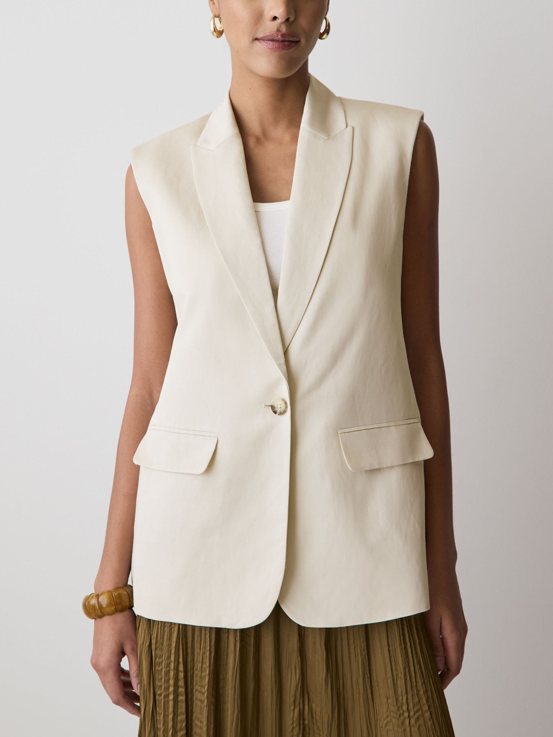 Long Sleeveless Twill Vest