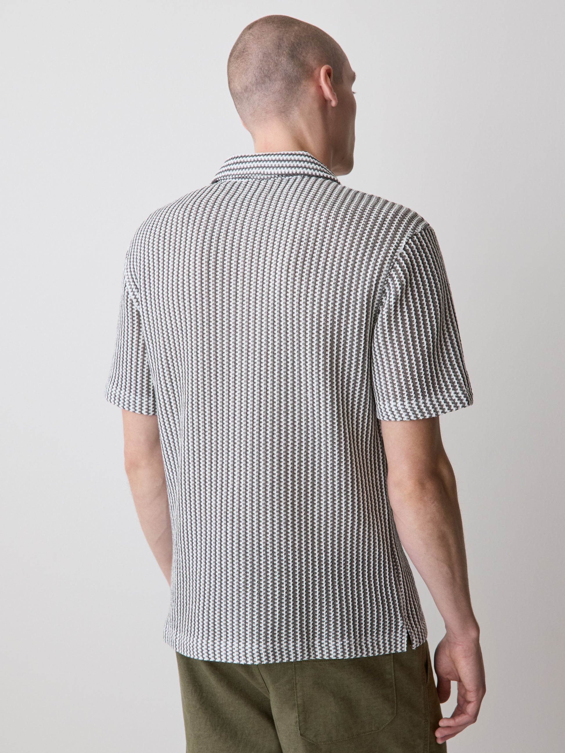 Striped Short-Sleeve Crochet Shirt with Camp Collar