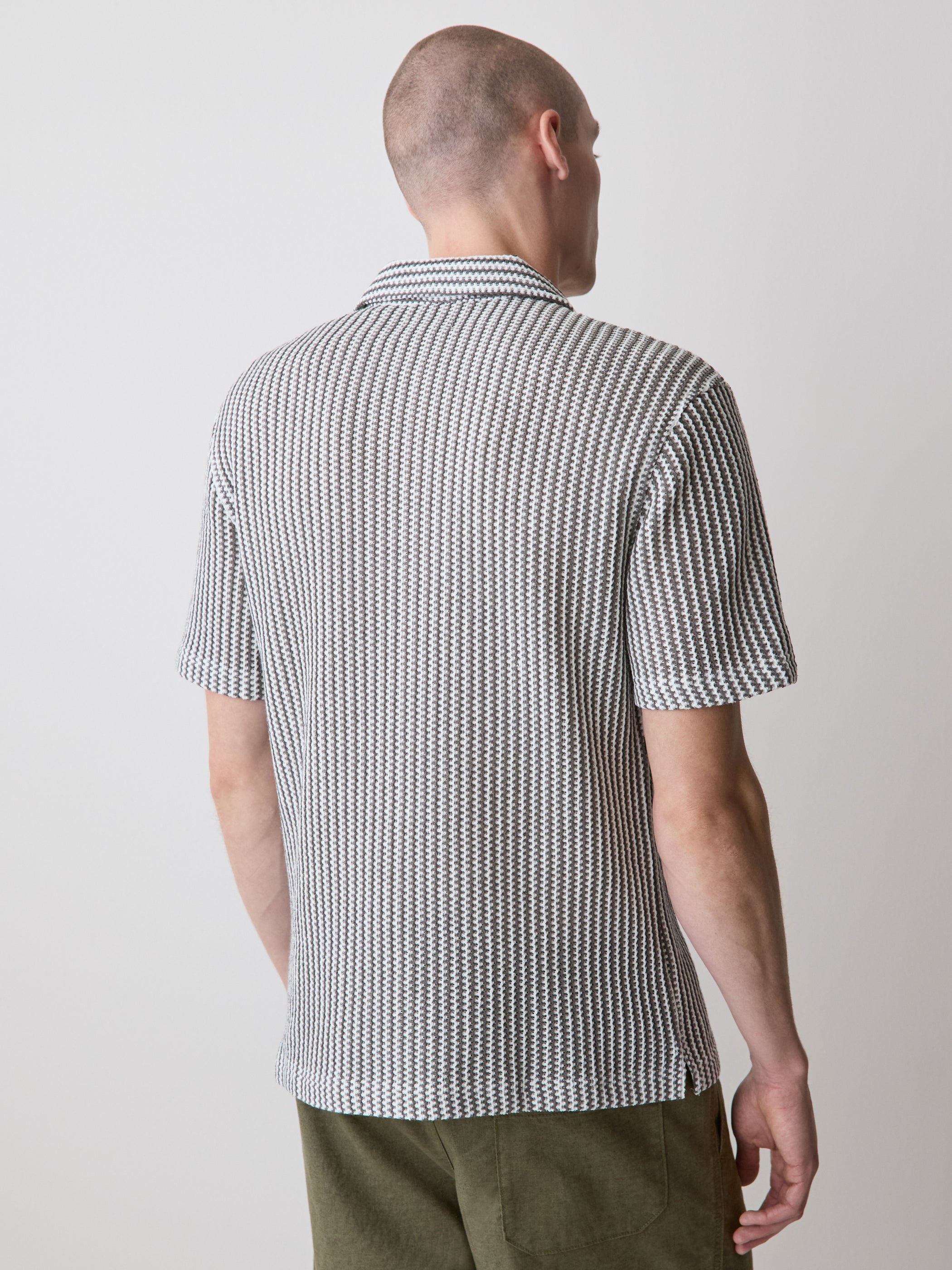 Striped Short-Sleeve Crochet Shirt with Camp Collar