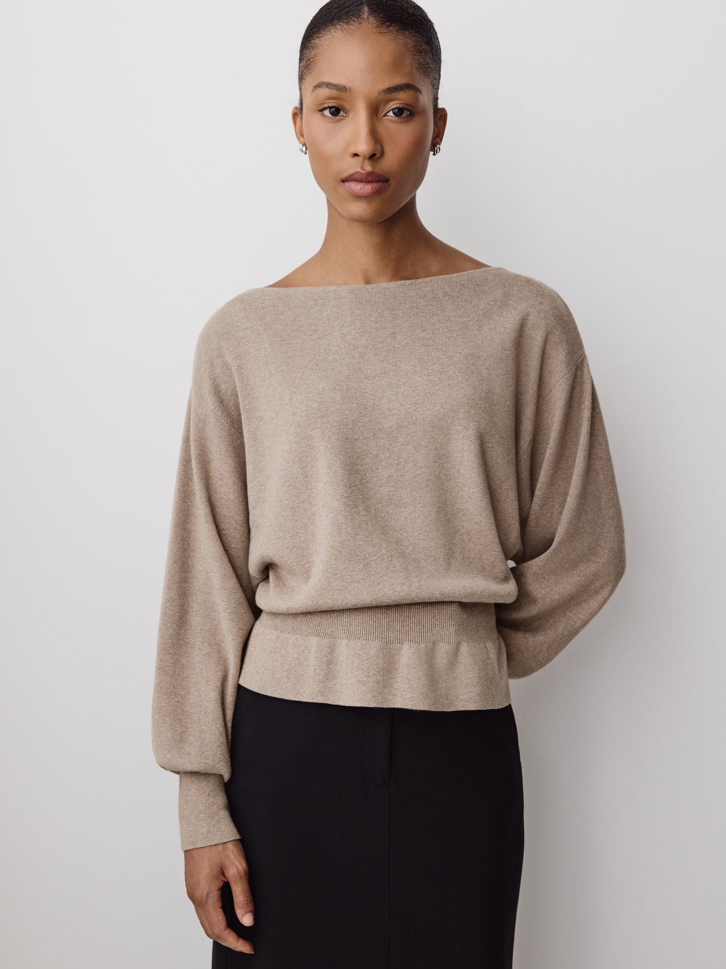 Ladies Knit Sweater Cinched Waist Boat Neck Cotton Blend